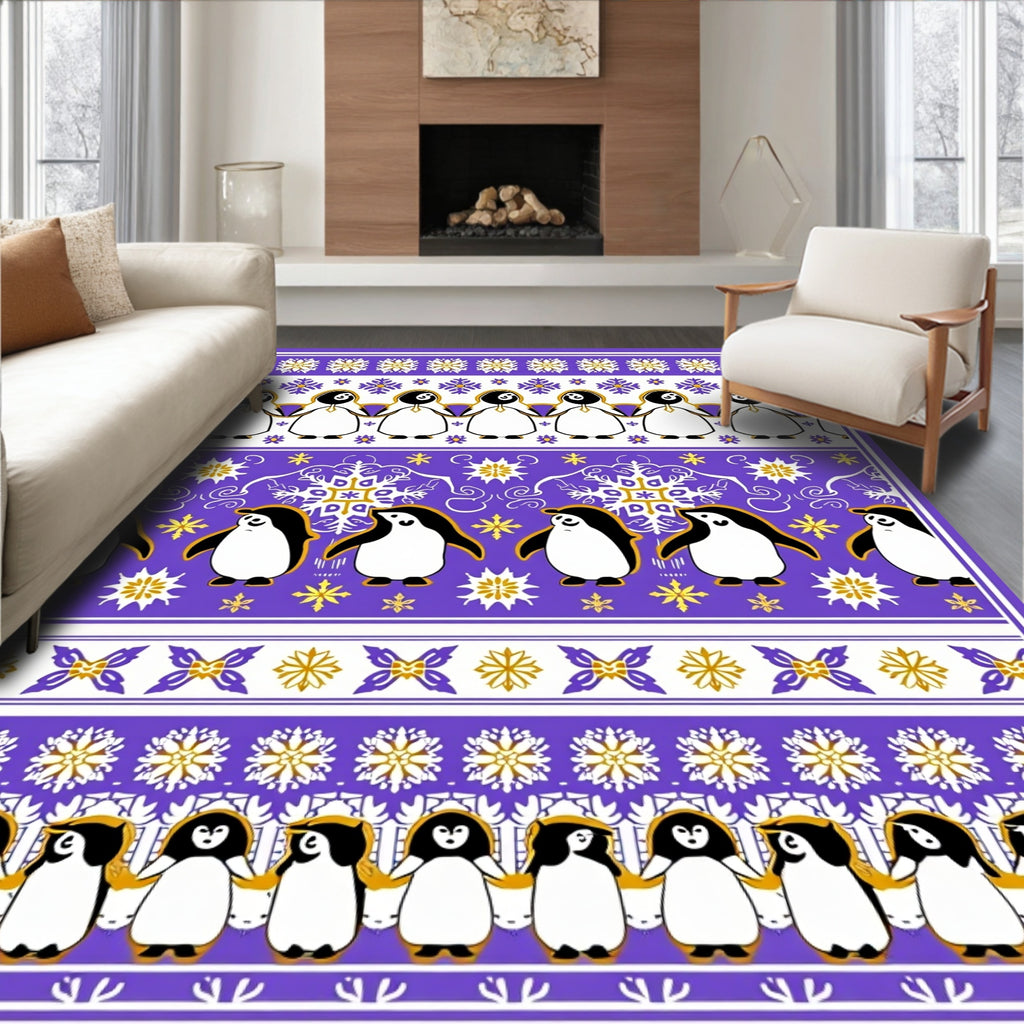 Whimsical Penguin Purple Snowflakes Rug