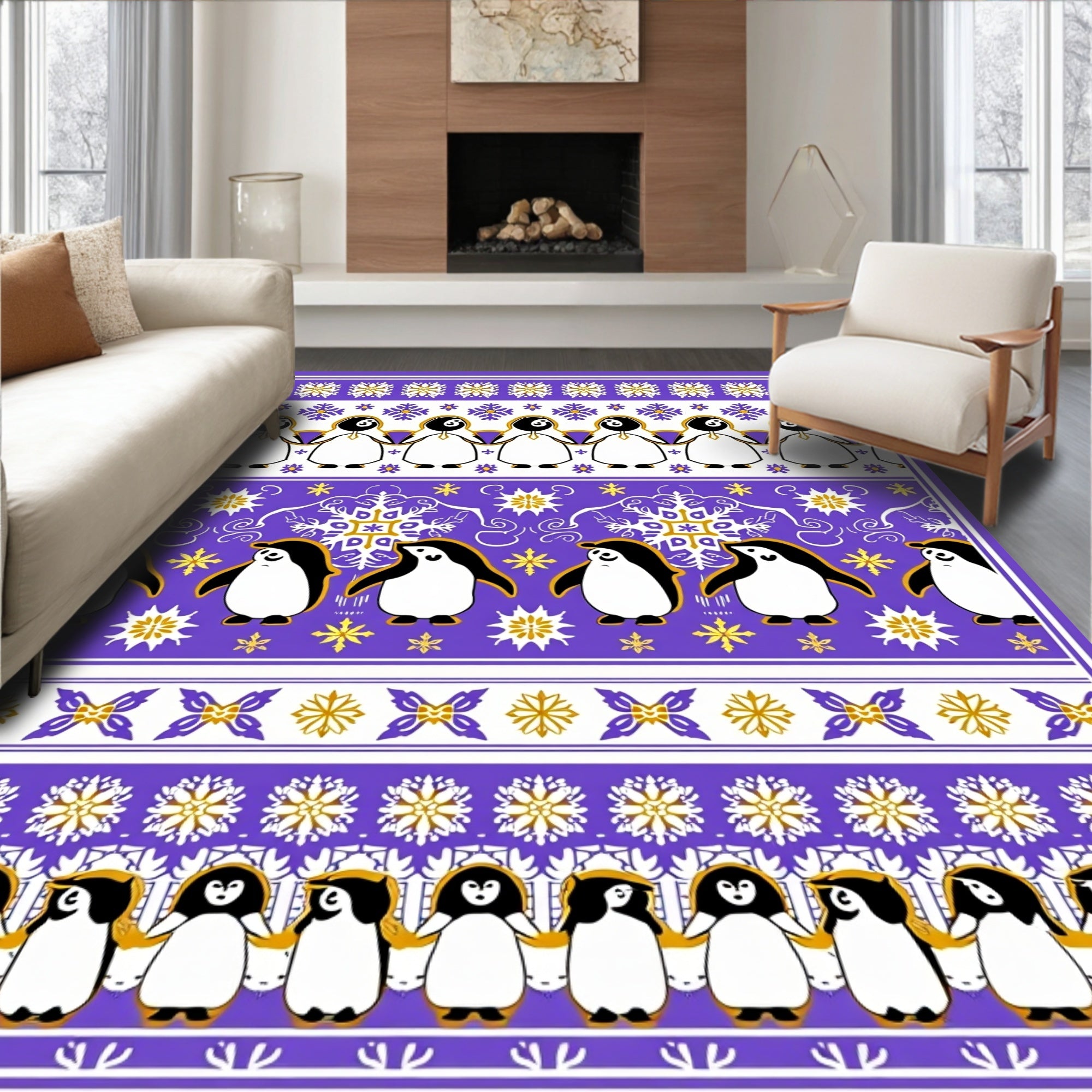 Whimsical Penguin Purple Snowflakes Rug