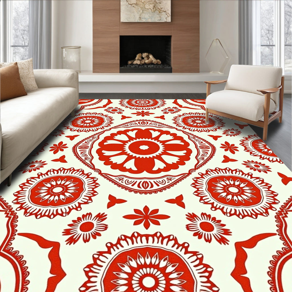 Vibrant Crimson Floral Mandala Rug