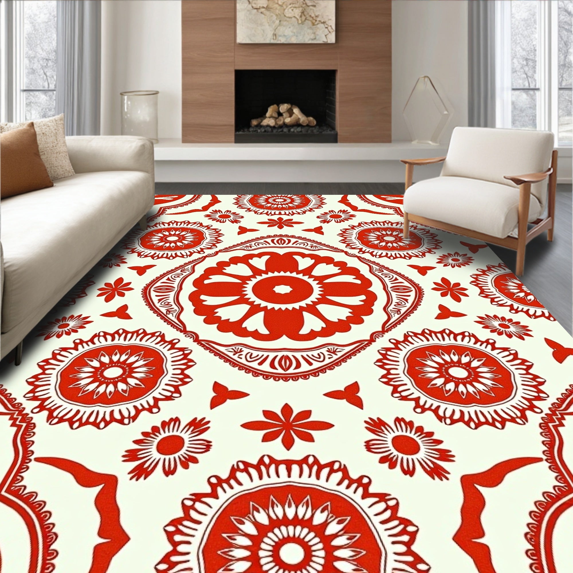 Vibrant Crimson Floral Mandala Rug