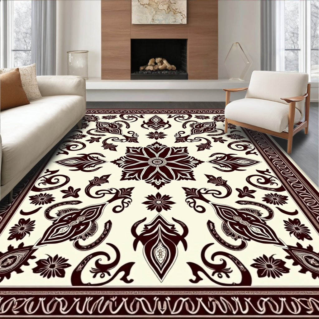 Deep Burgundy Floral Medallion Cream Rug