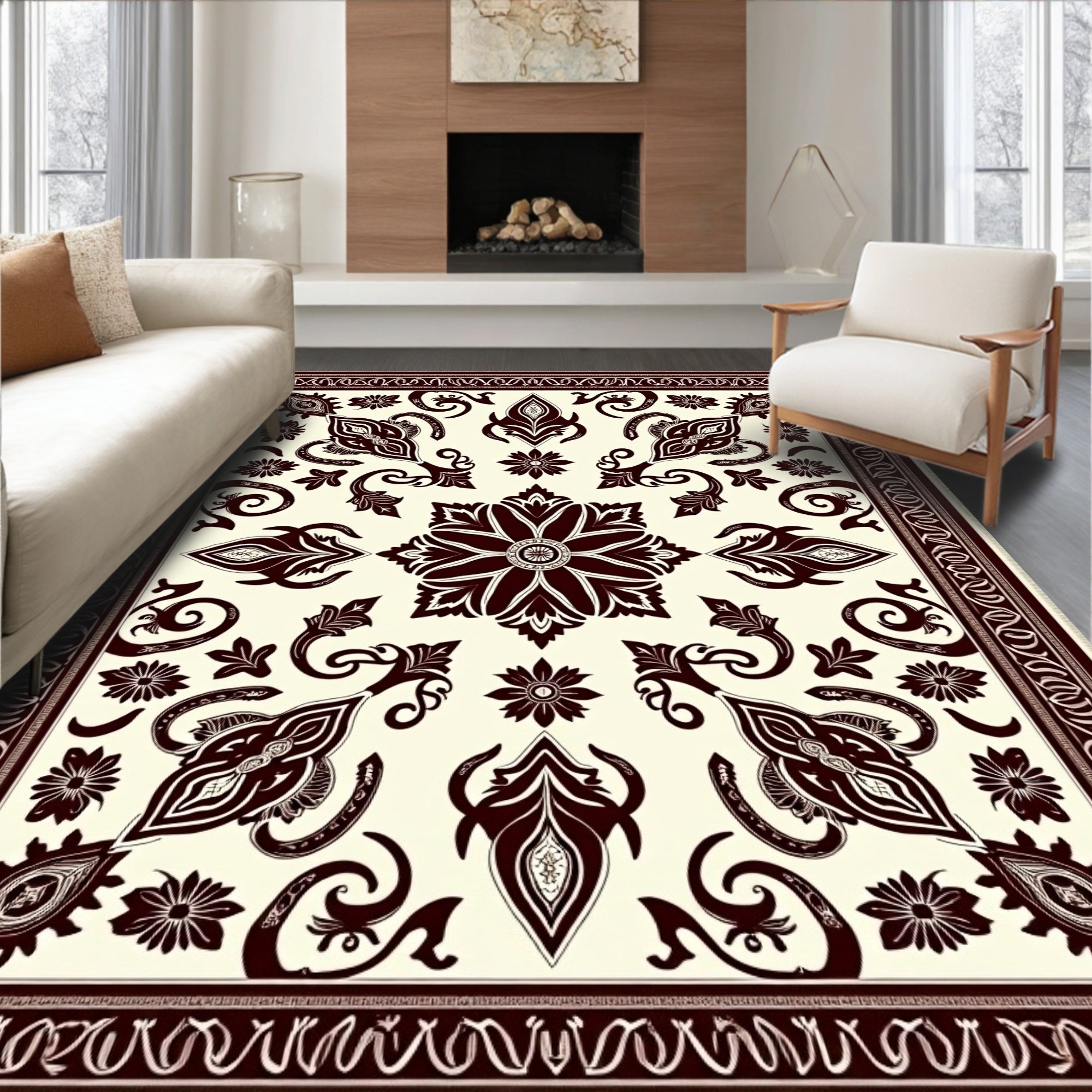 Deep Burgundy Floral Medallion Cream Rug
