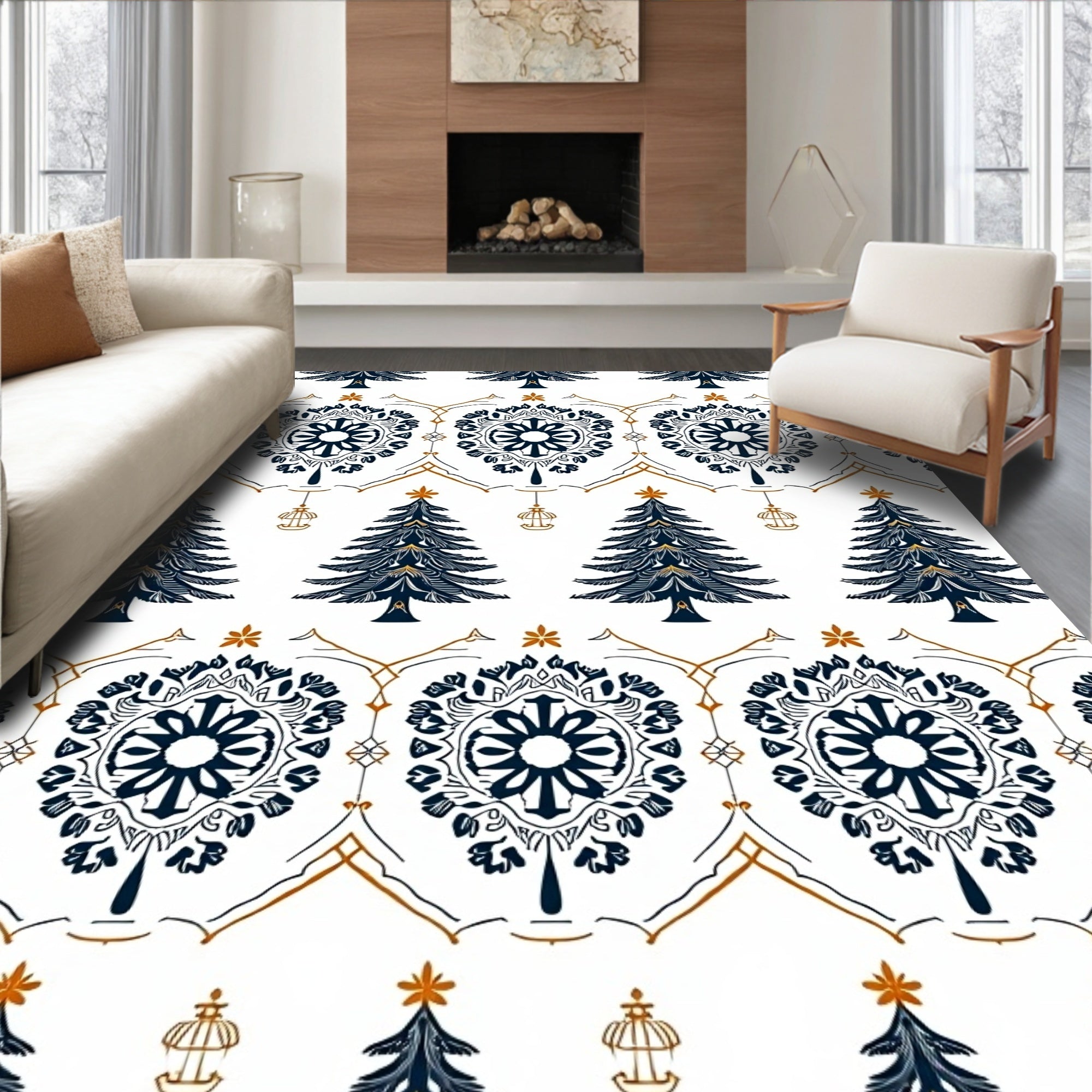 Deep Blue Christmas Tree Medallion Rug