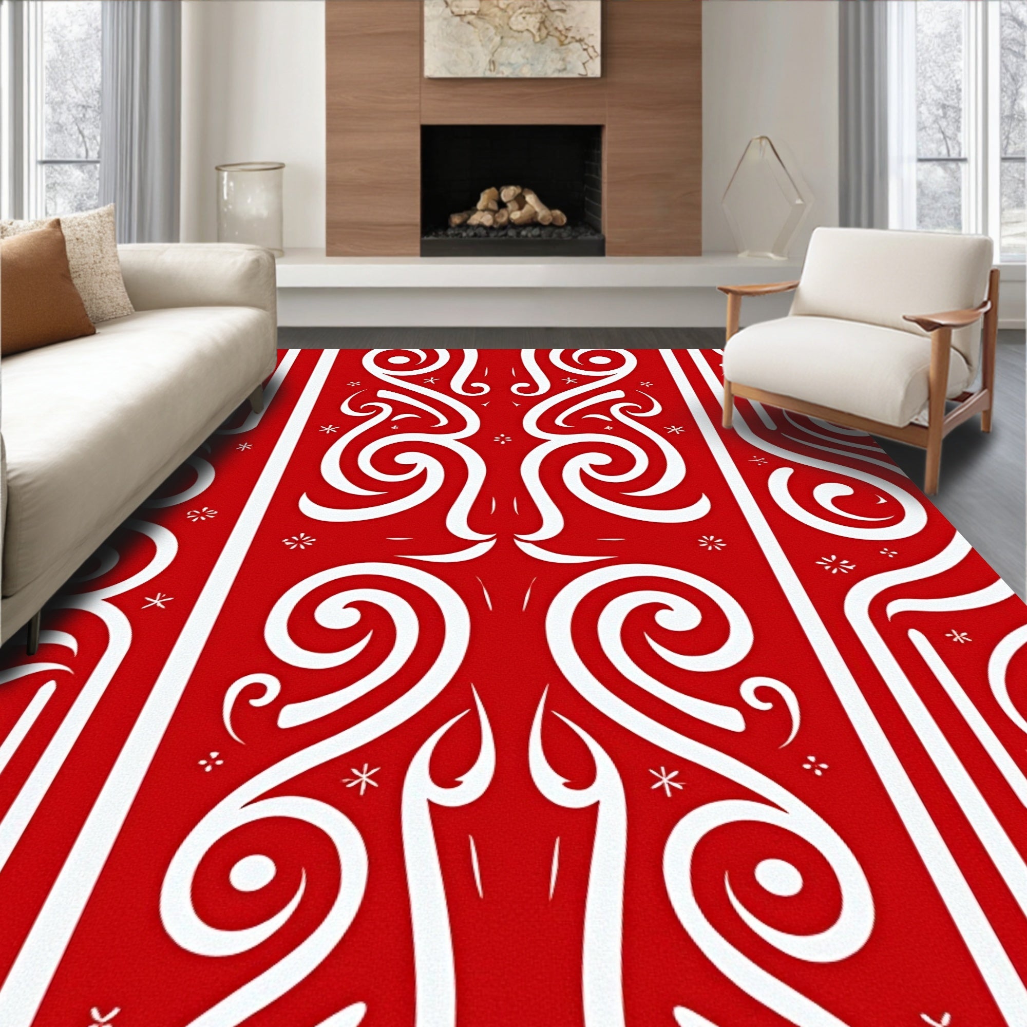 Red White Swirl Tribal Motif Rug