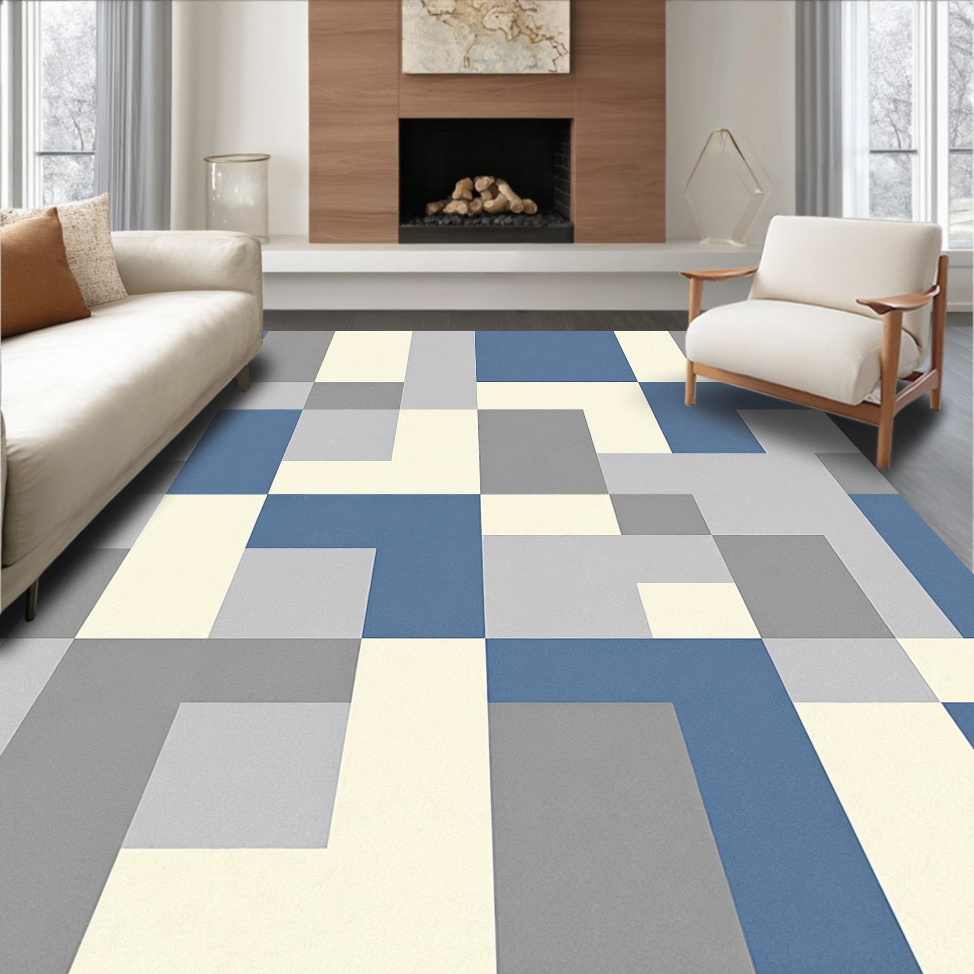Geometric Blue Gray Block Arrangement Rug