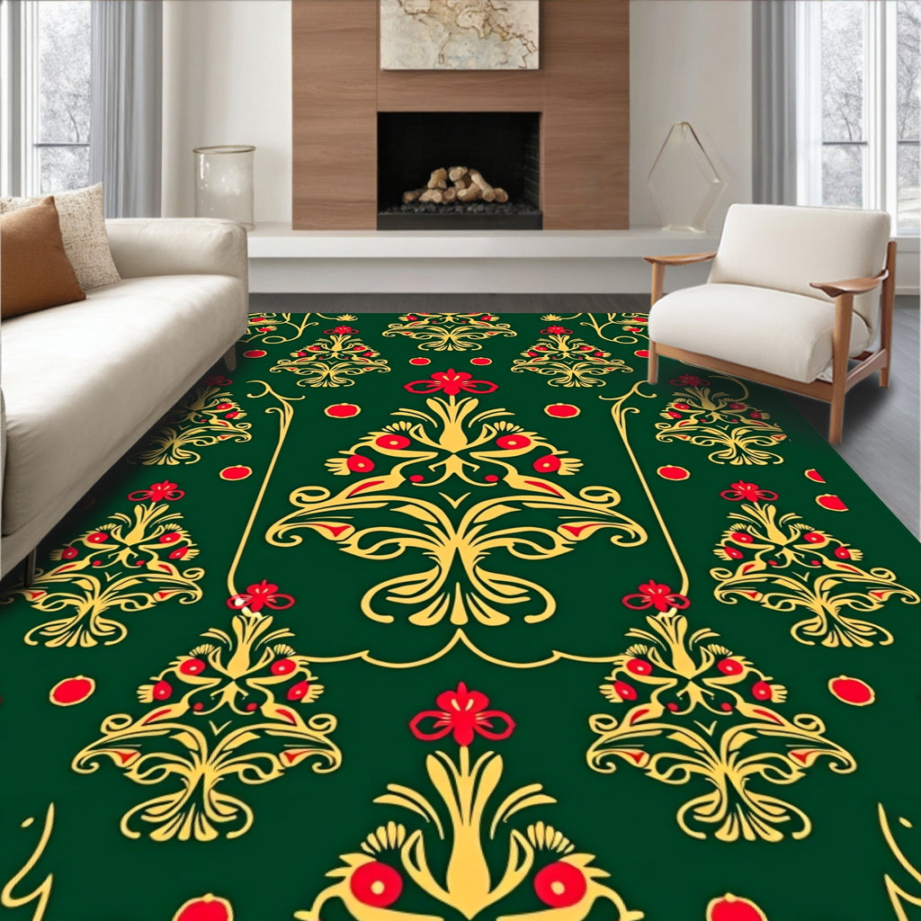 Green Red Gold Floral Garland Rug