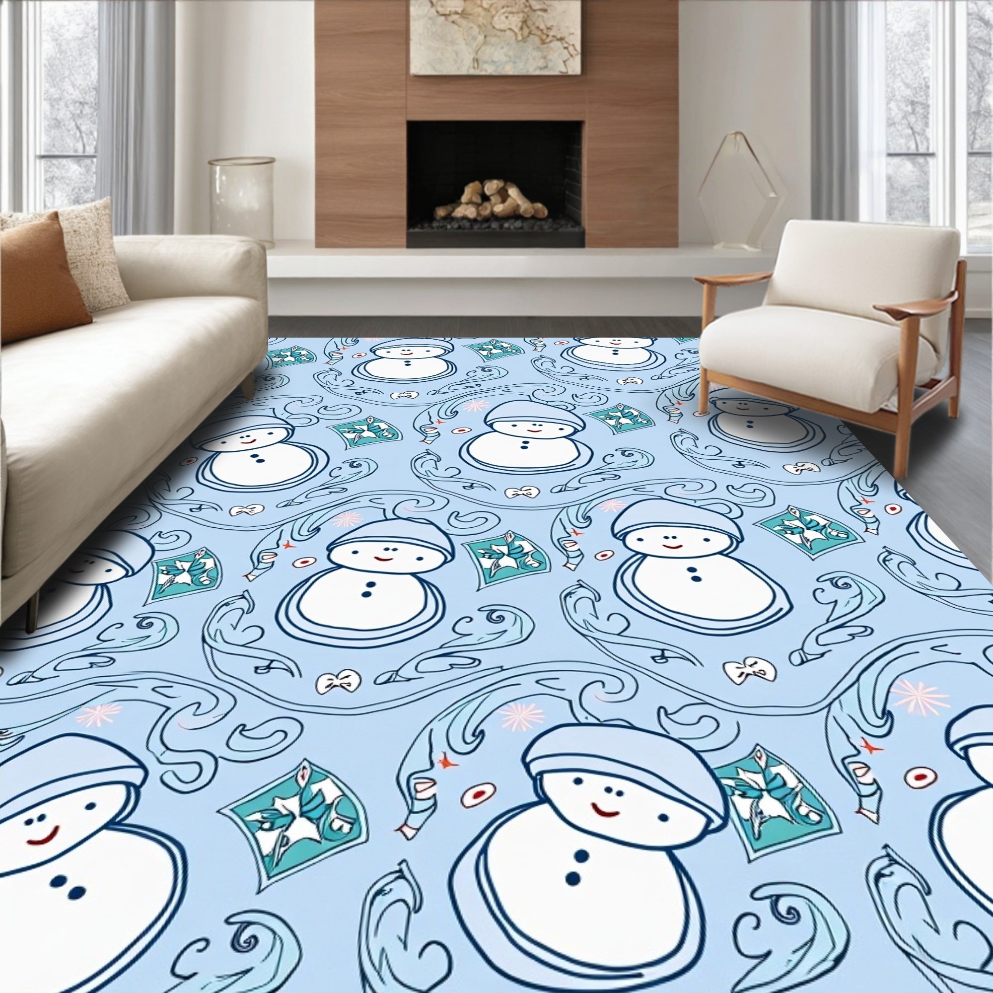 Whimsical Snowman Blue Swirls Rug