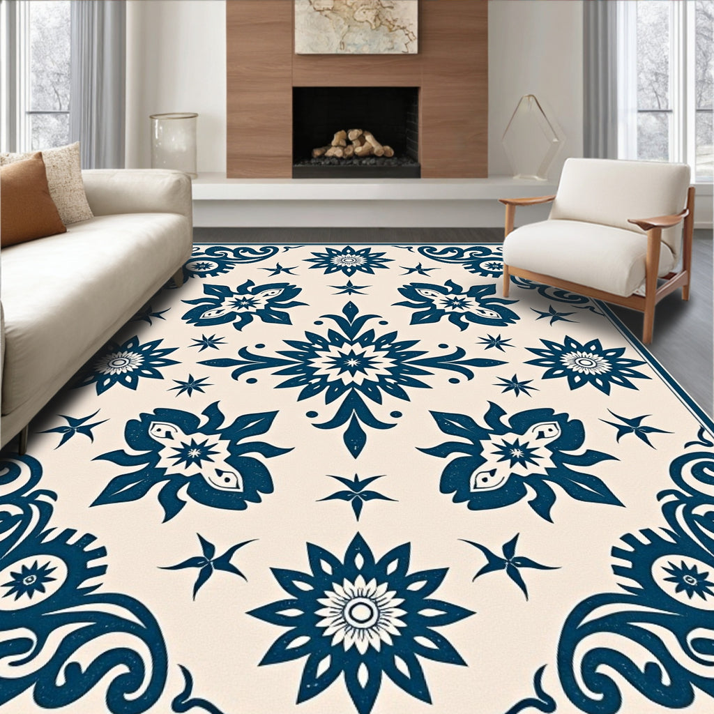Navy Blue Floral Medallion Square Rug