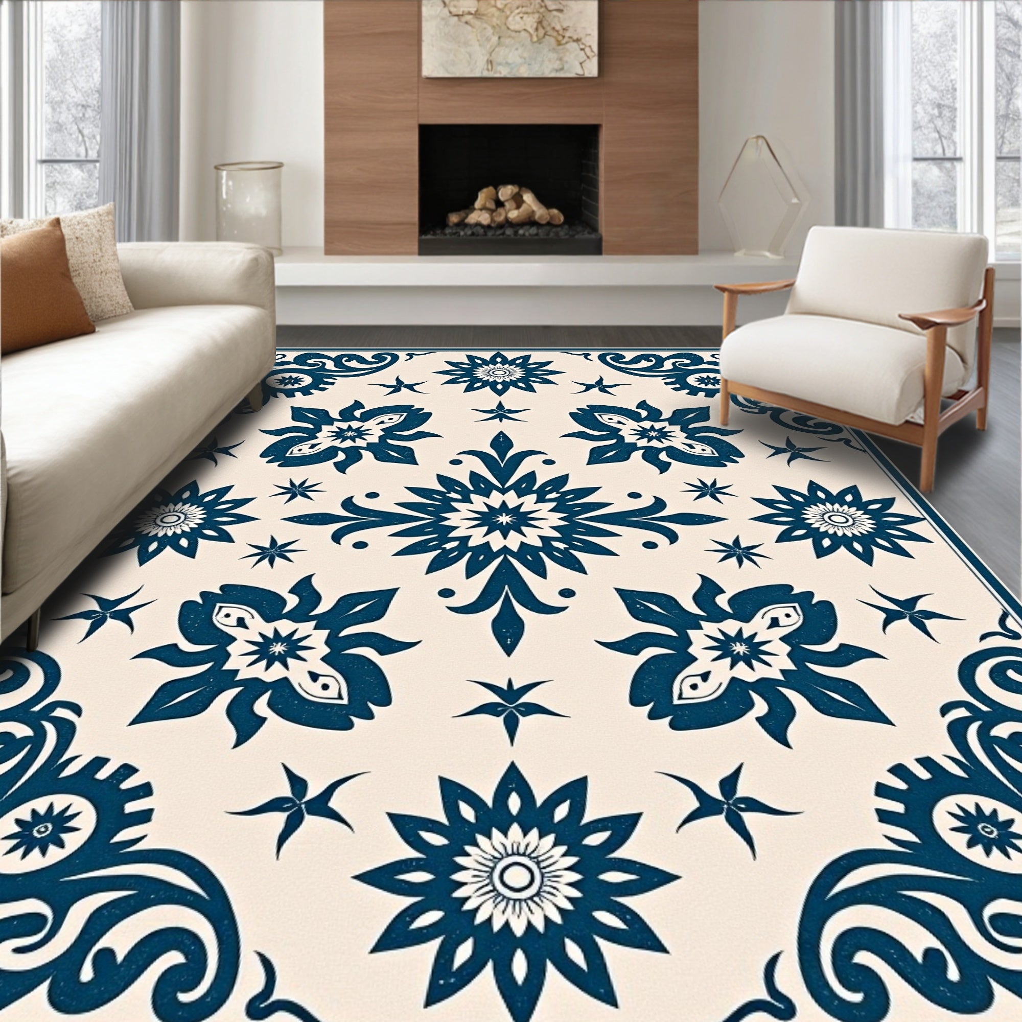 Navy Blue Floral Medallion Square Rug