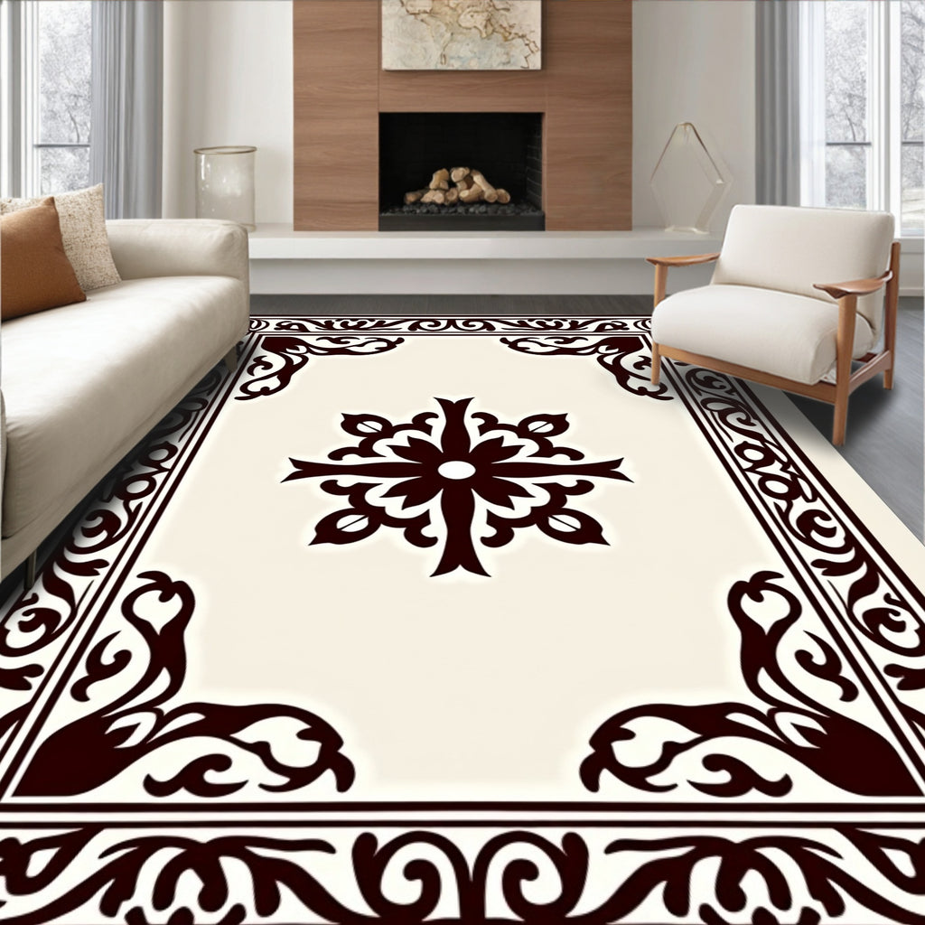 Cream and Black Floral Scroll Medallion Rug