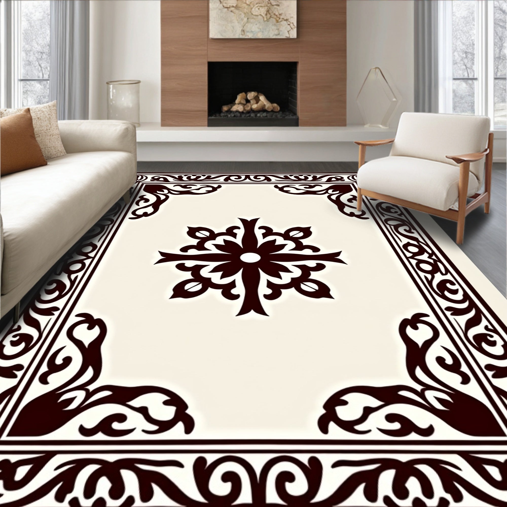 Cream and Black Floral Scroll Medallion Rug