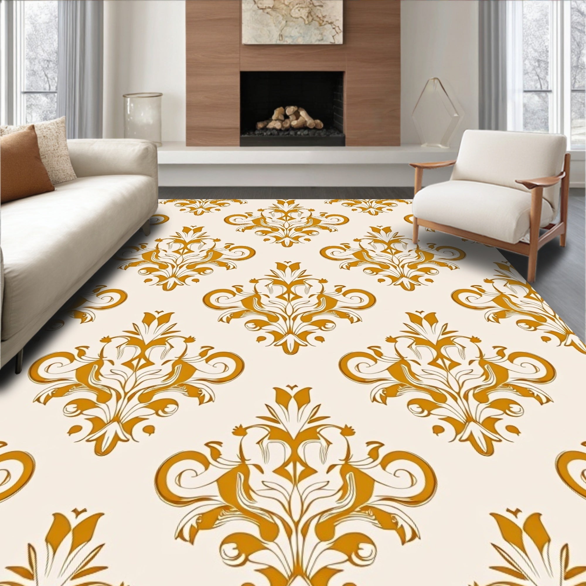 Golden Floral Damask Accent Rug
