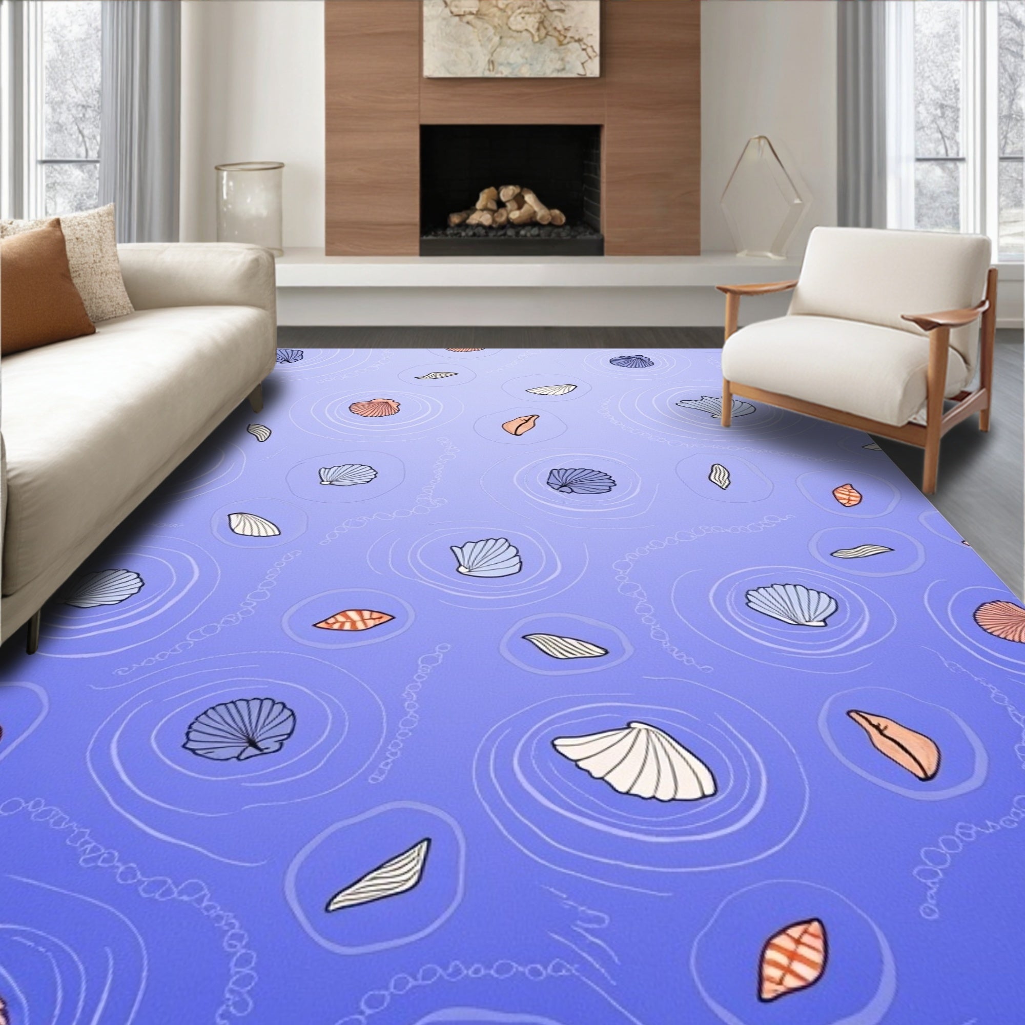 Ocean Blue Seashell Ripple Rug