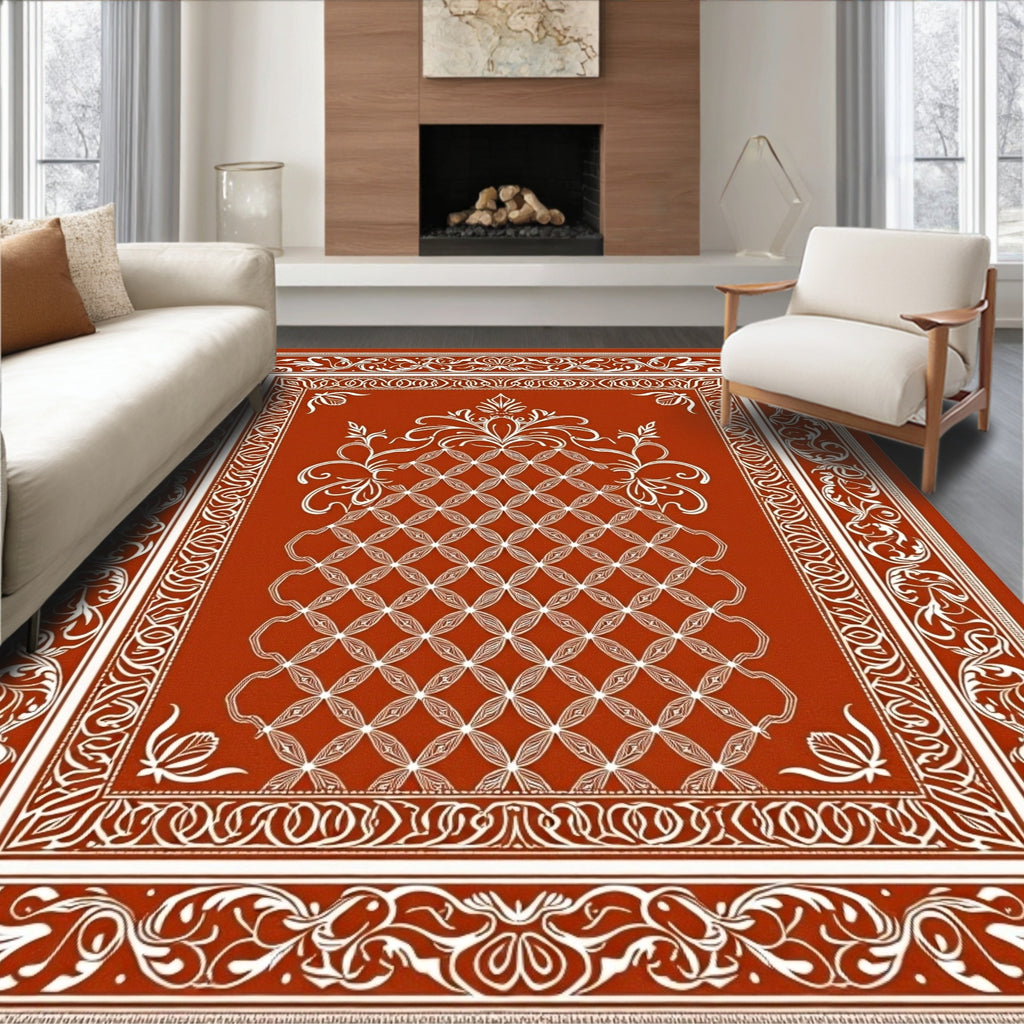 Burnt Orange Floral Medallion Border Rug