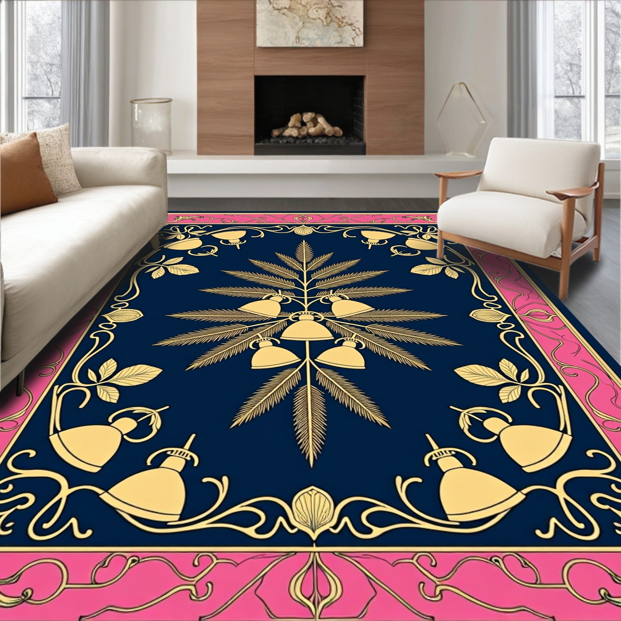 Gold Bell Floral Navy Frame Rug