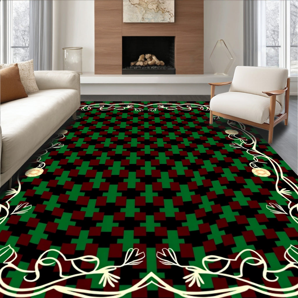 Crimson Green Geometric Vine Floral Rug