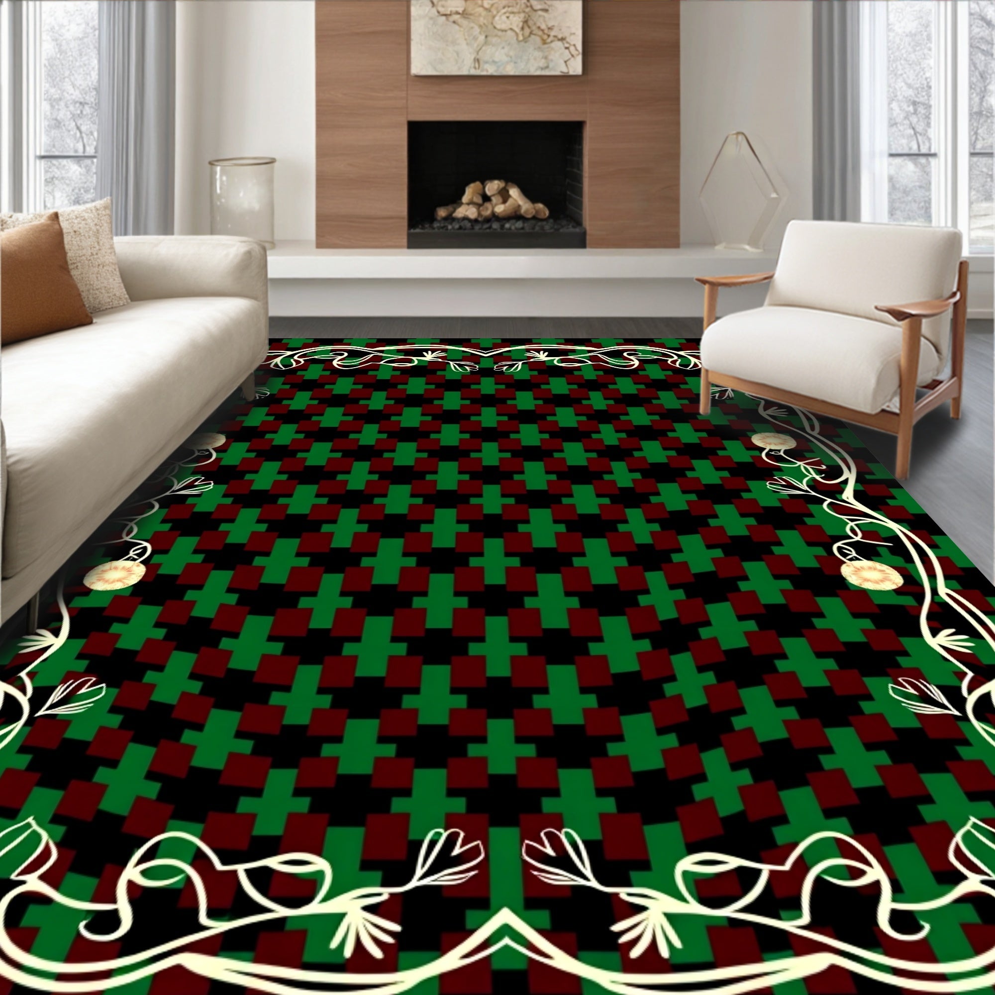 Crimson Green Geometric Vine Floral Rug