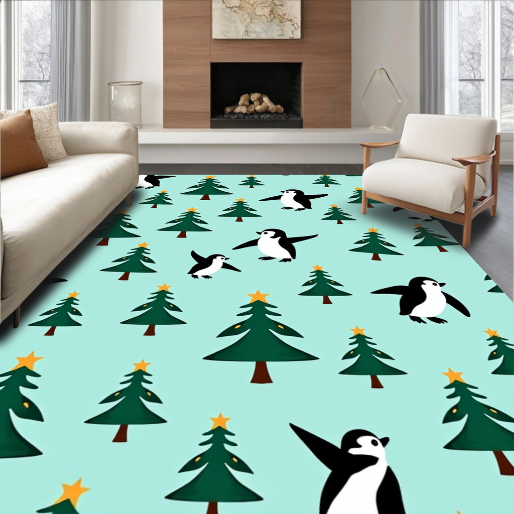 Playful Penguins And Evergreen Trees Rug