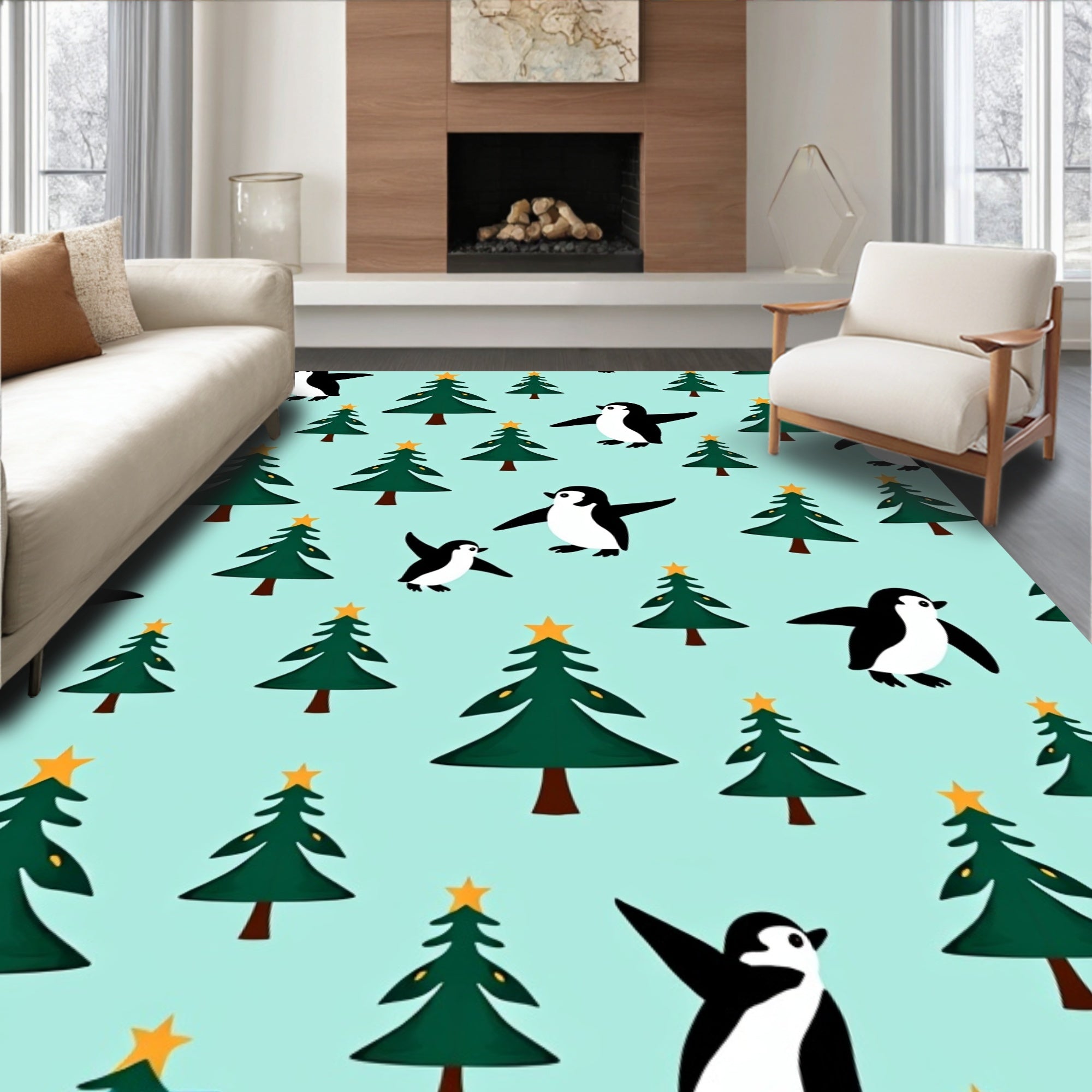 Playful Penguins And Evergreen Trees Rug