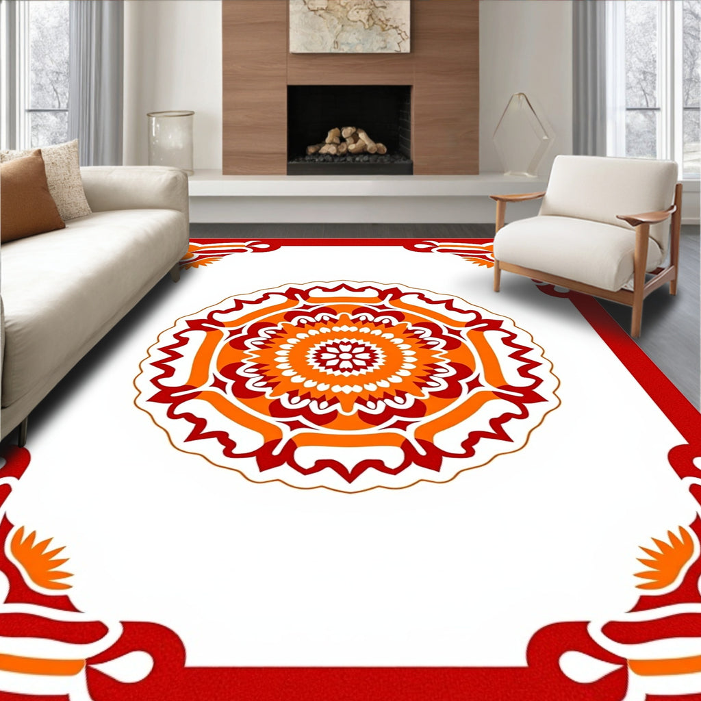 Vibrant Red Orange Floral Medallion Border Rug