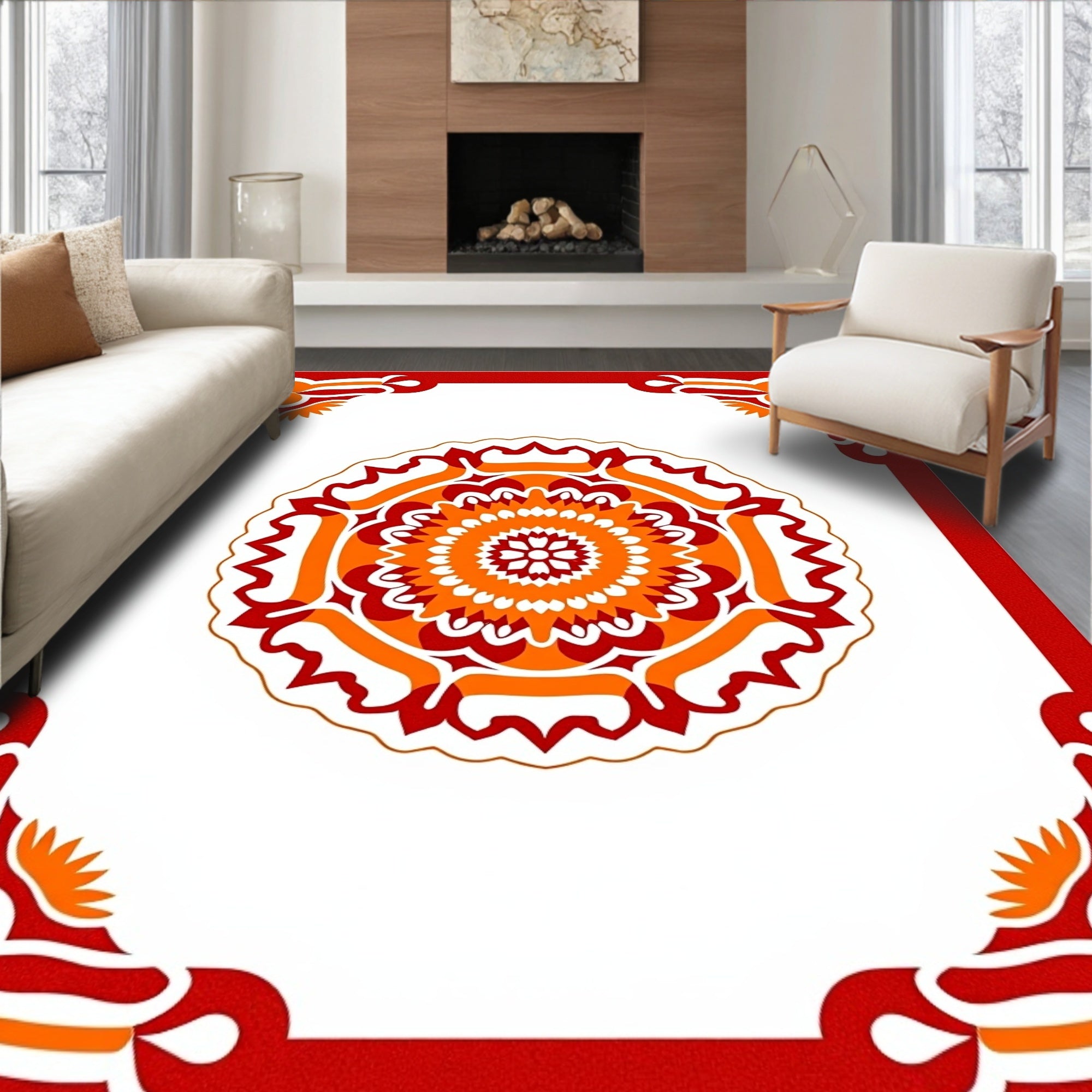 Vibrant Red Orange Floral Medallion Border Rug