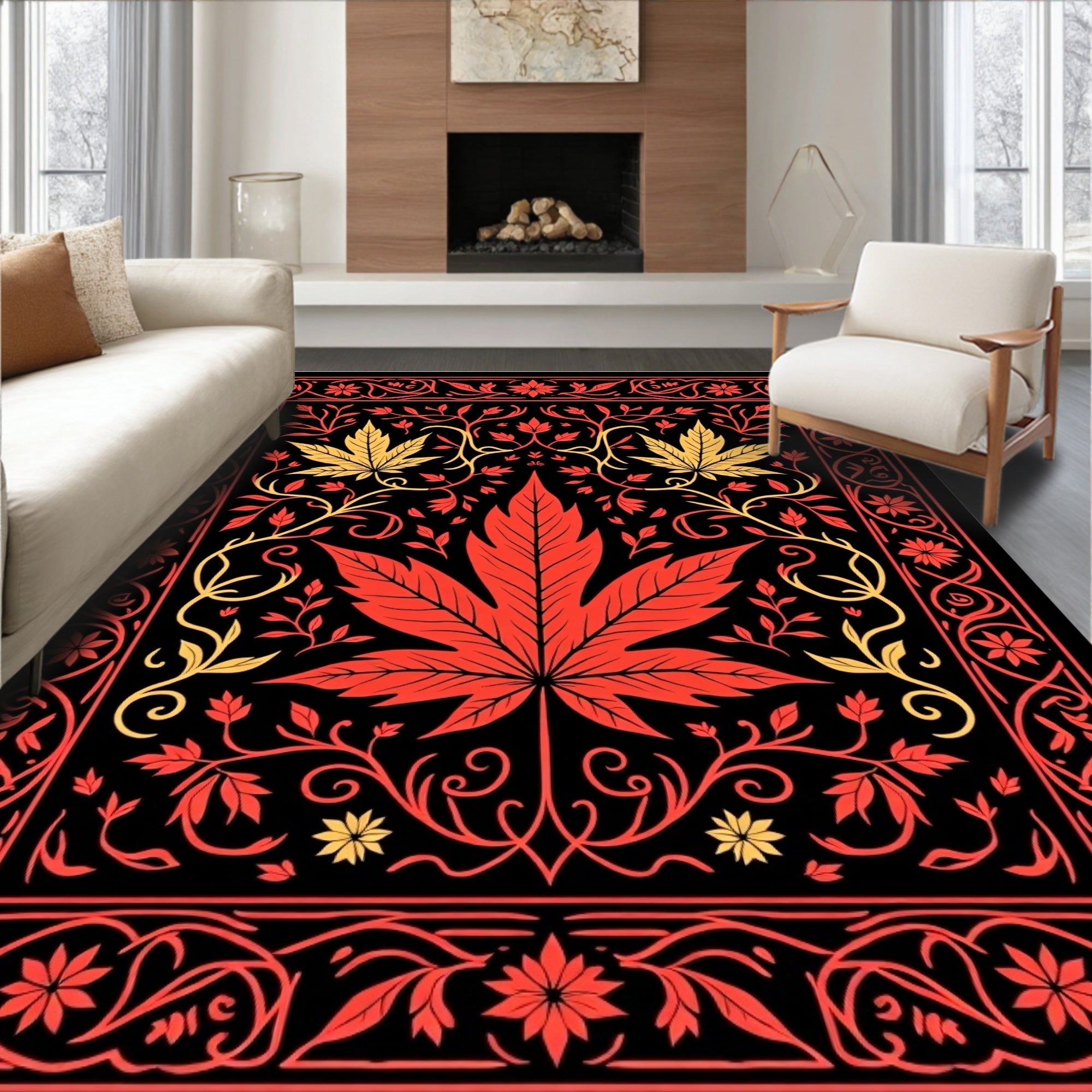 Crimson Red Maple Leaf Garland Rug