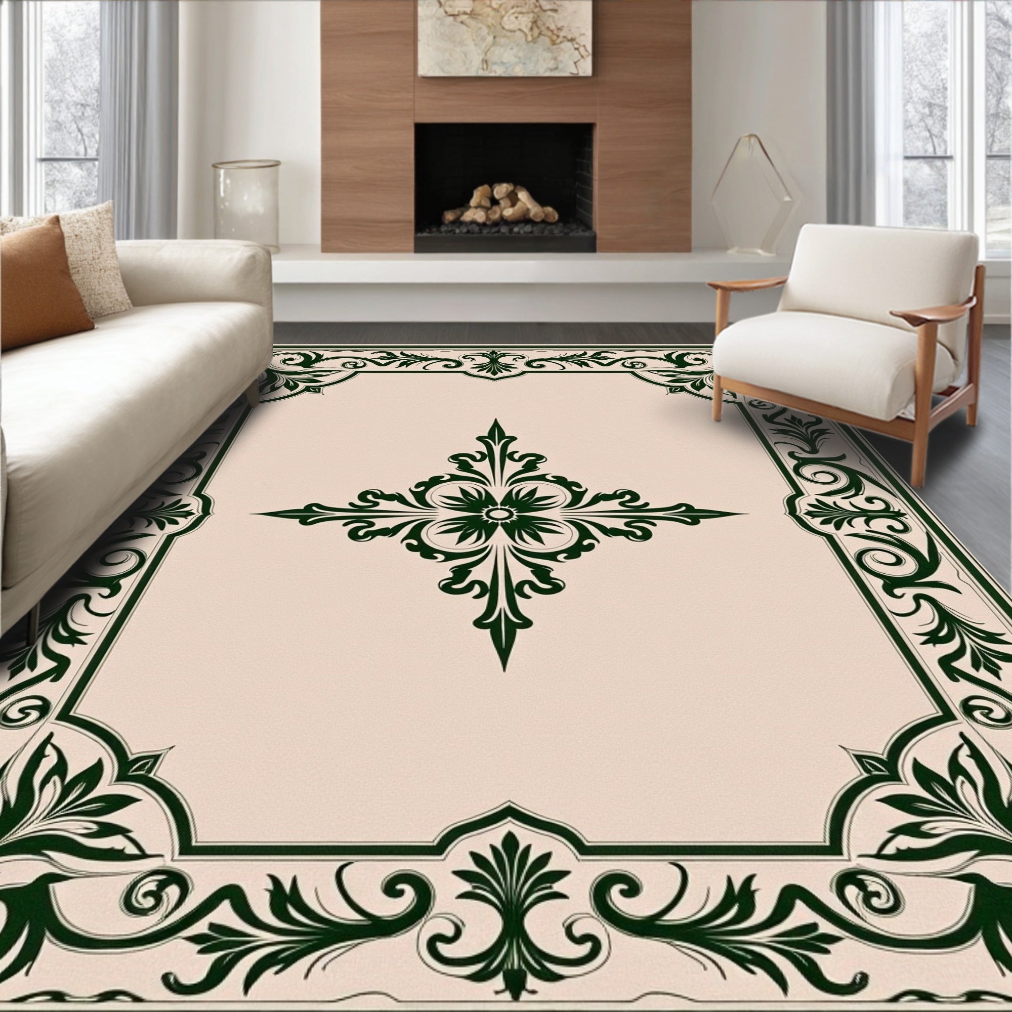 Dark Green Vintage Floral Border Rug