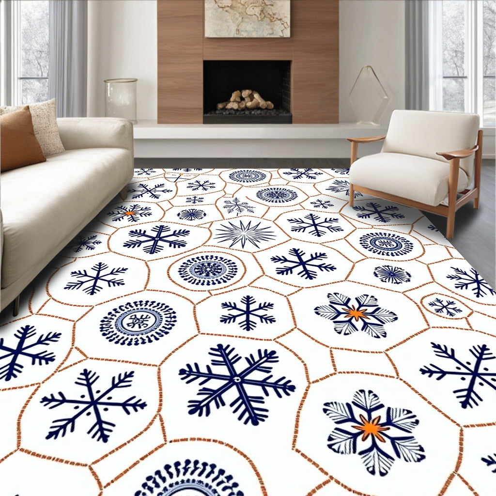 Navy Snowflake Medallion White Holiday Rug