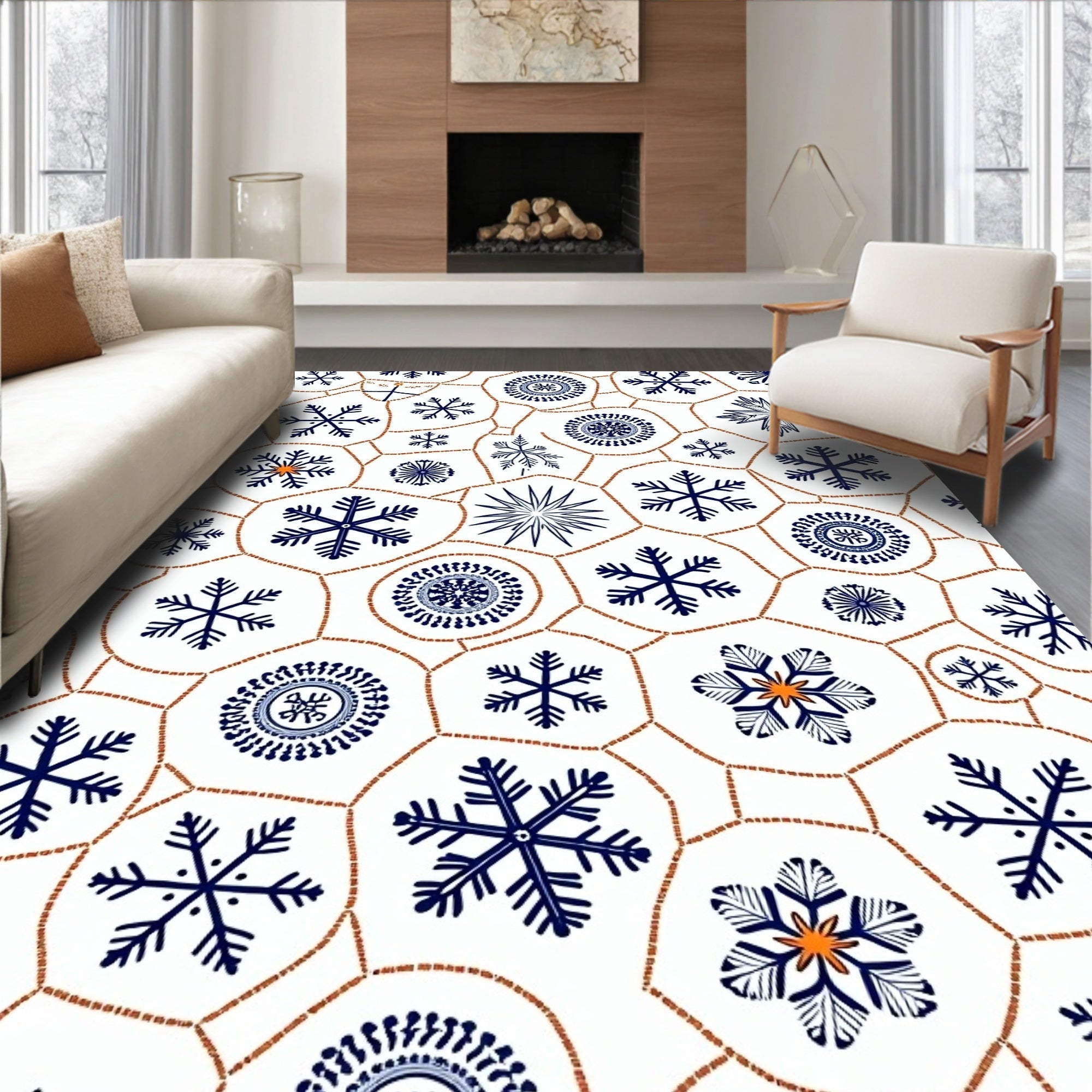 Navy Snowflake Medallion White Holiday Rug