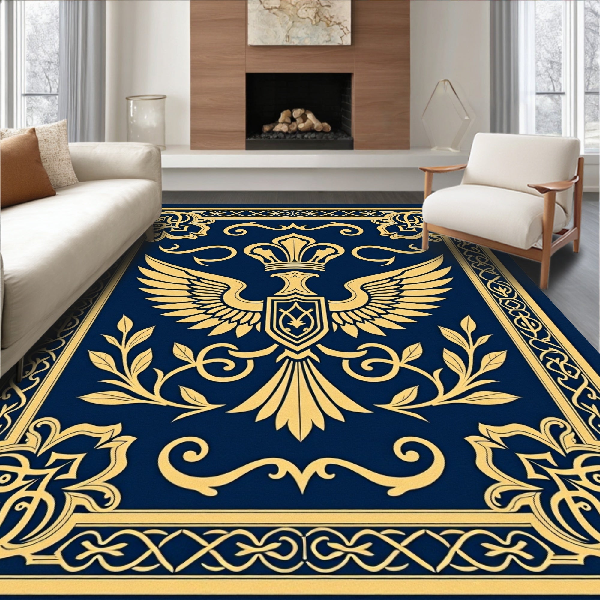 Royal Crested Eagle Dark Blue Gold Rug