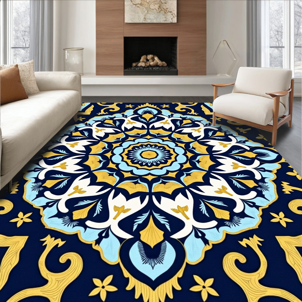 Navy Blue Golden Floral Medallion Rug