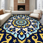 Navy Blue Golden Floral Medallion Rug
