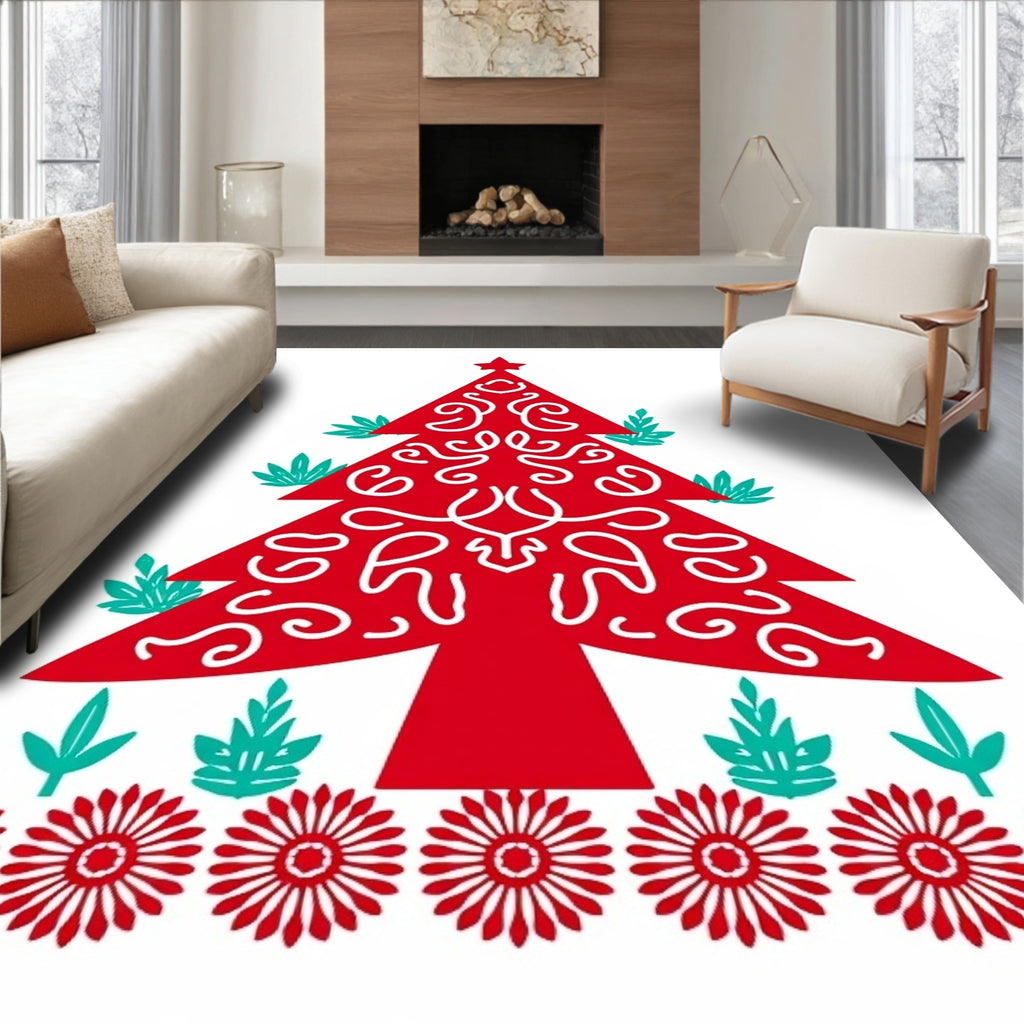 Festive Red Pine Tree Floral Border Rug