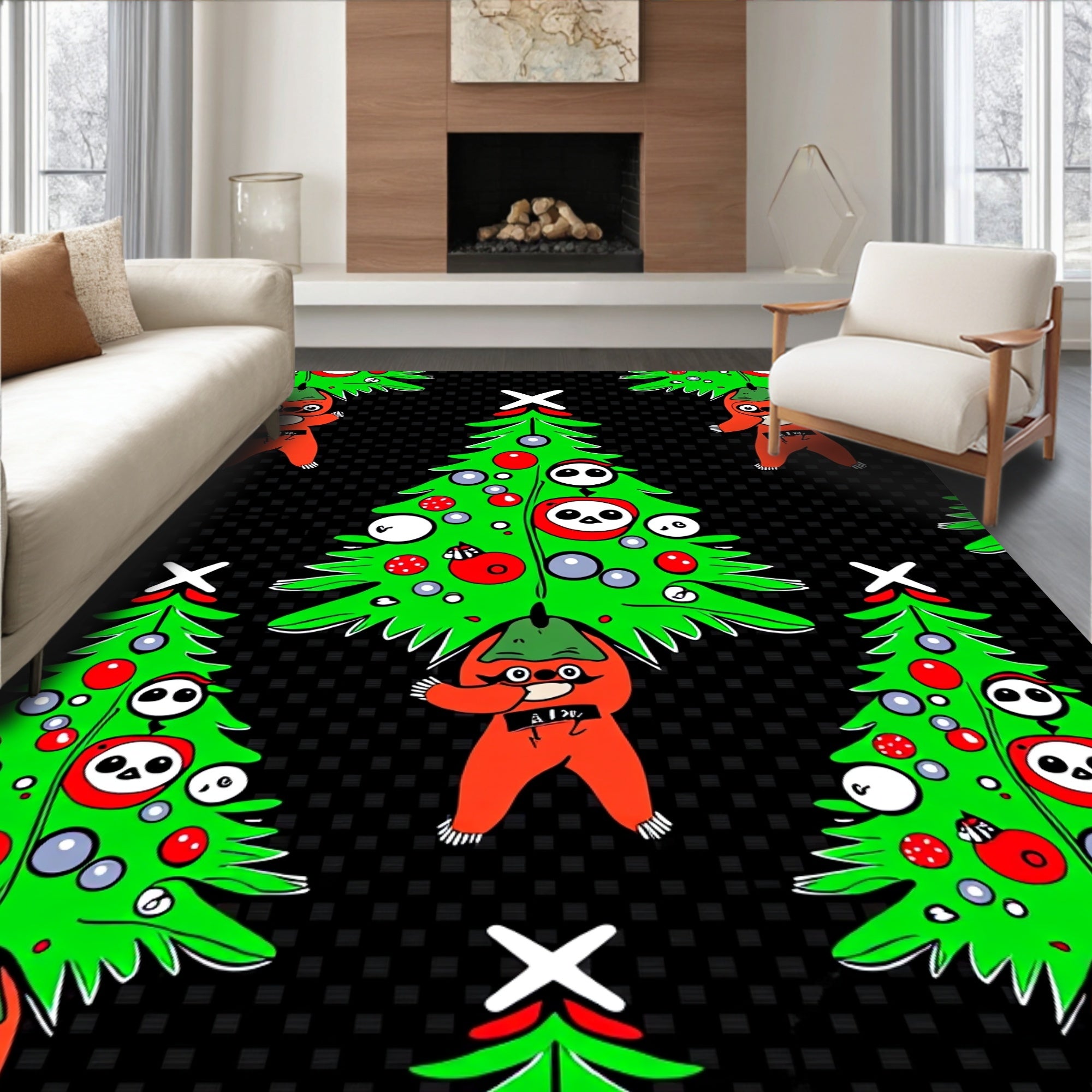 Whimsical Festive Christmas Tree Characters Rug