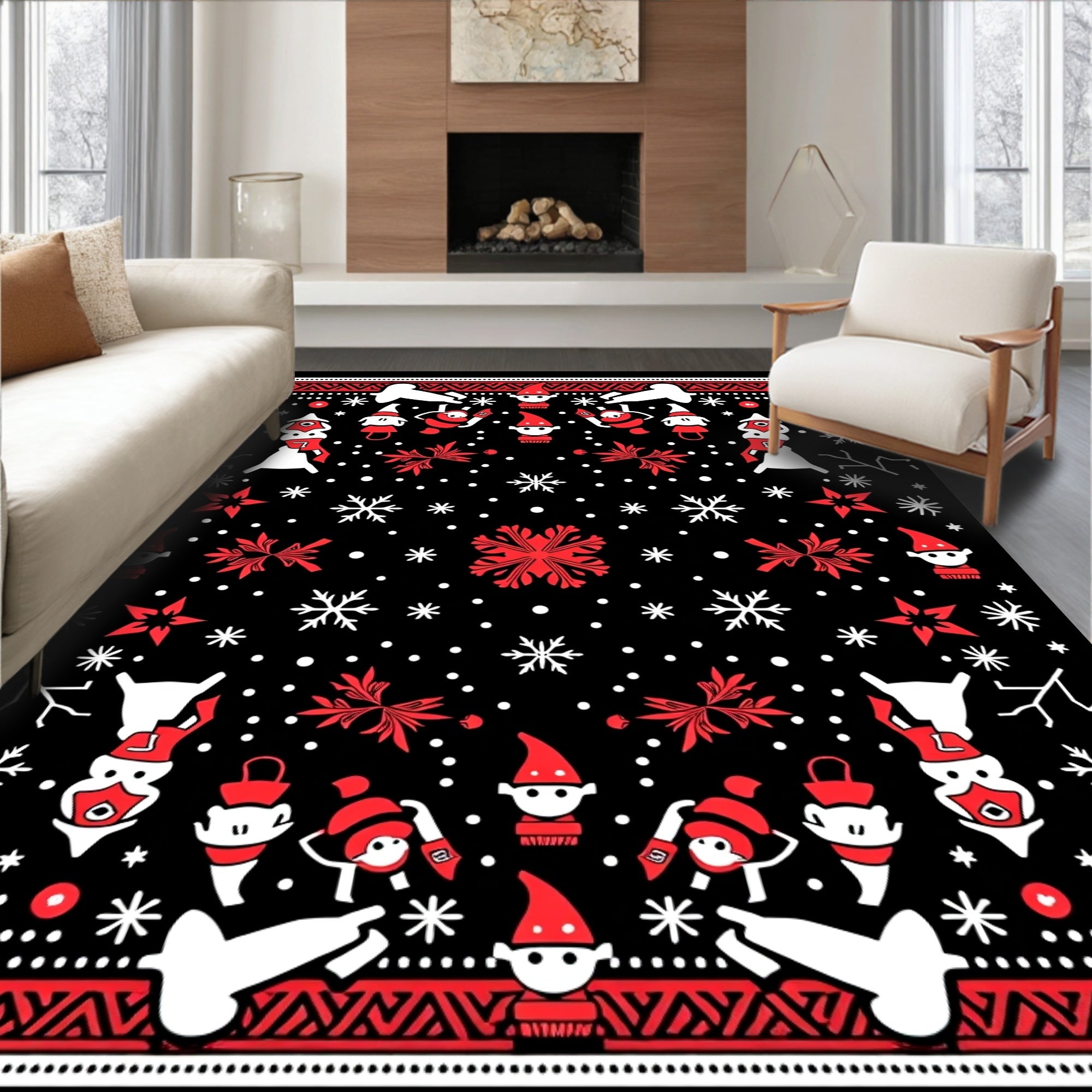 Red White Black Whimsical Elves Snowflakes Rug