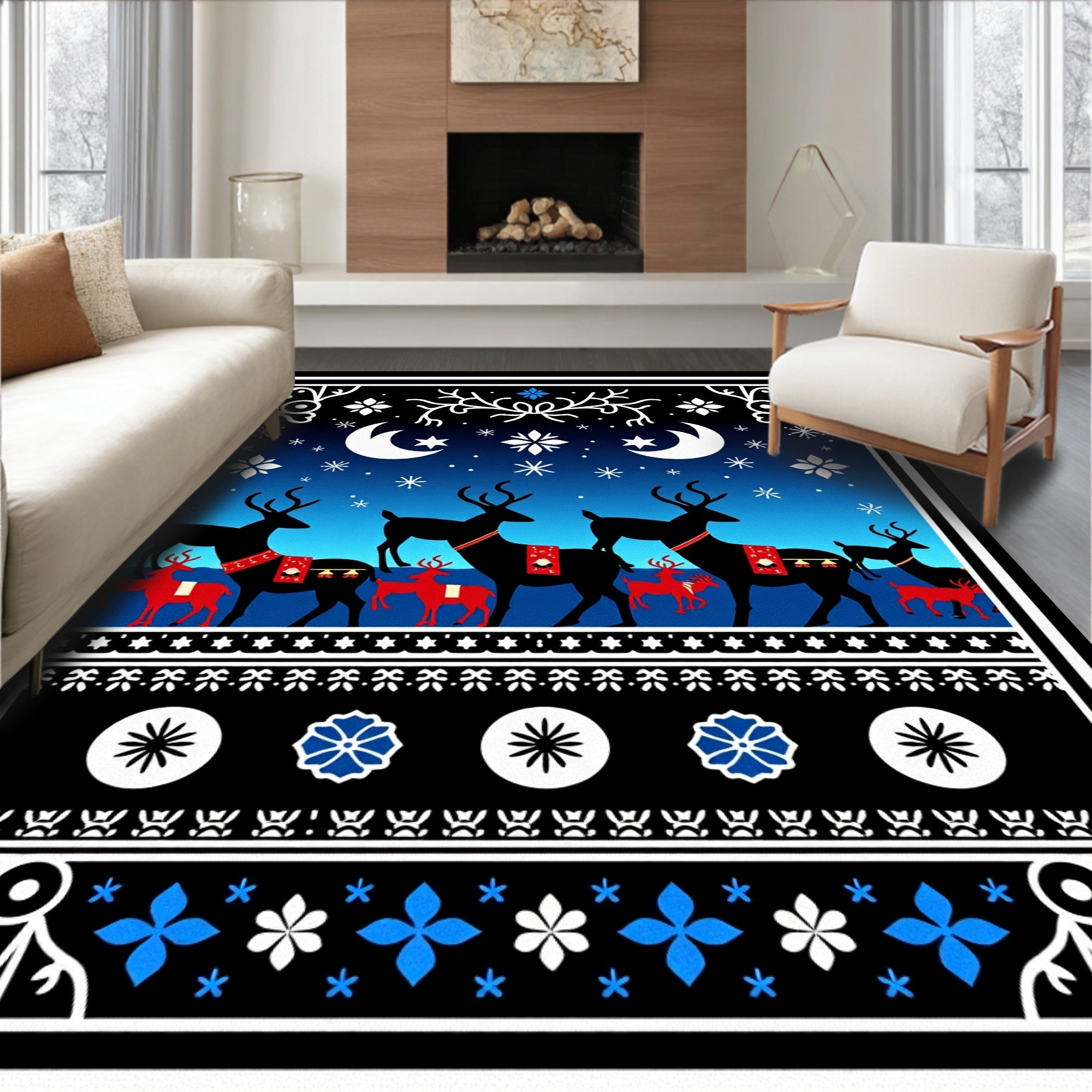 Midnight Blue Deer Moon Stars Rug