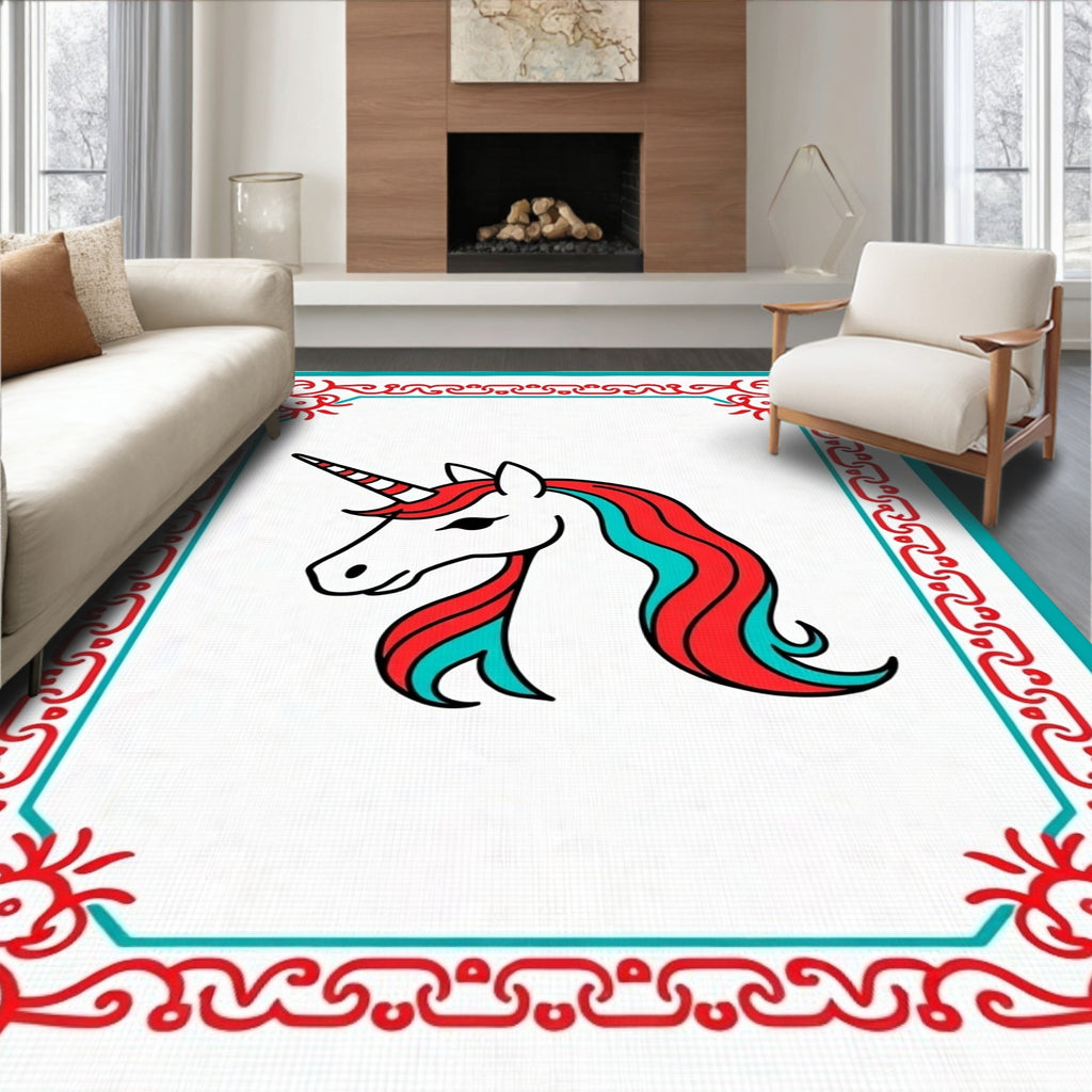 Whimsical Unicorn Red Teal Border Rug