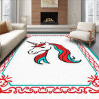 Whimsical Unicorn Red Teal Border Rug