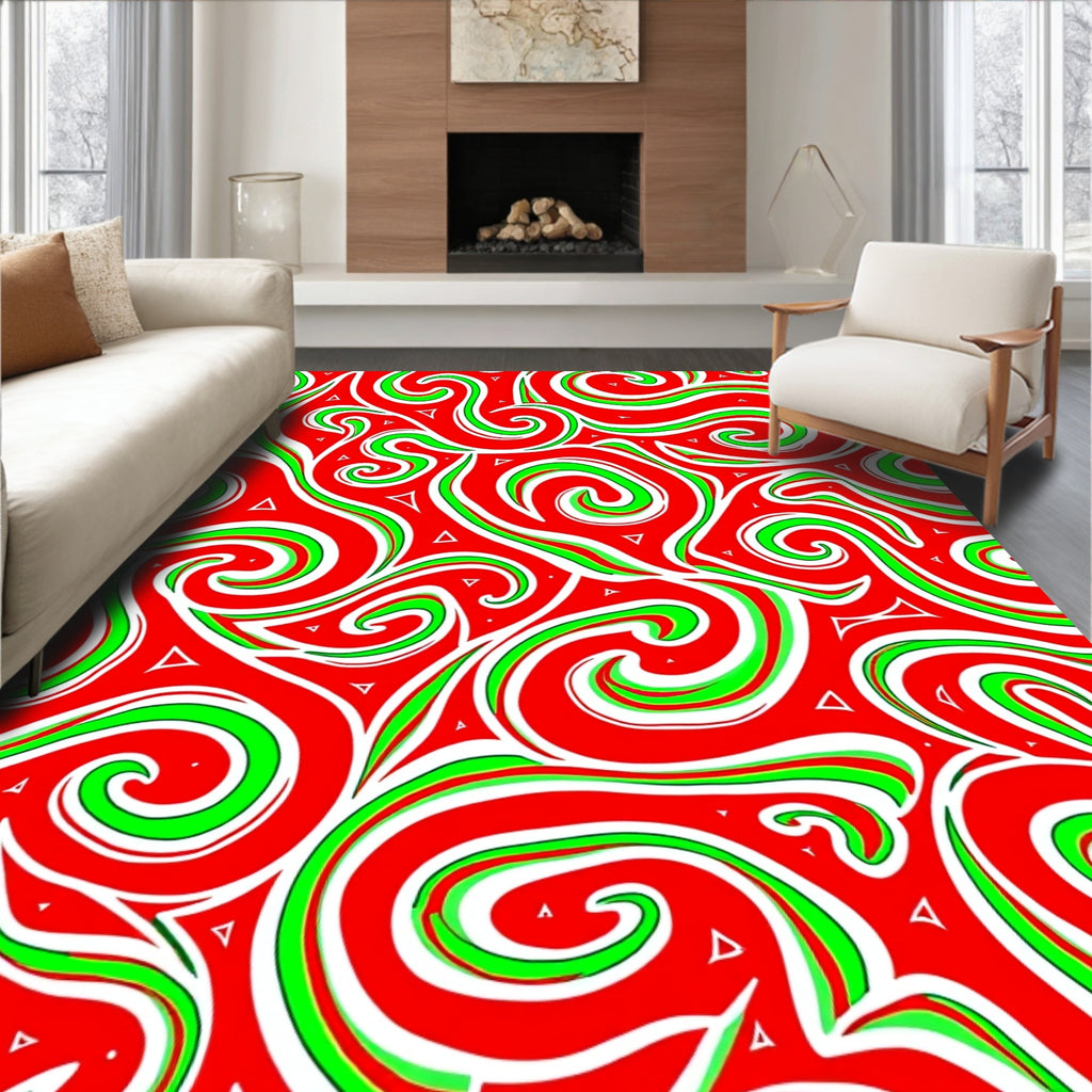 Whimsical Red Green Swirl Abstract Rug