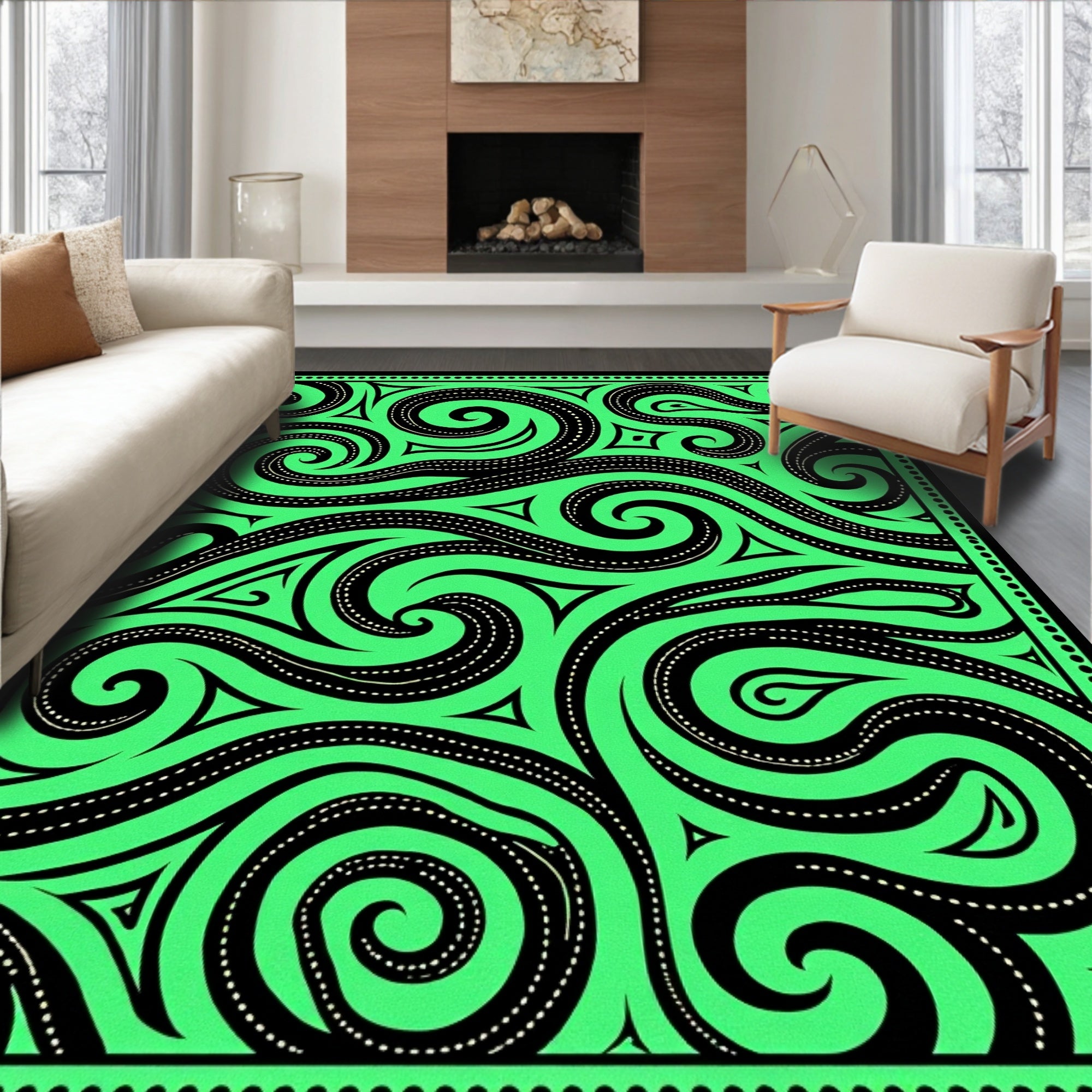 Abstract Black Swirls Green Rug
