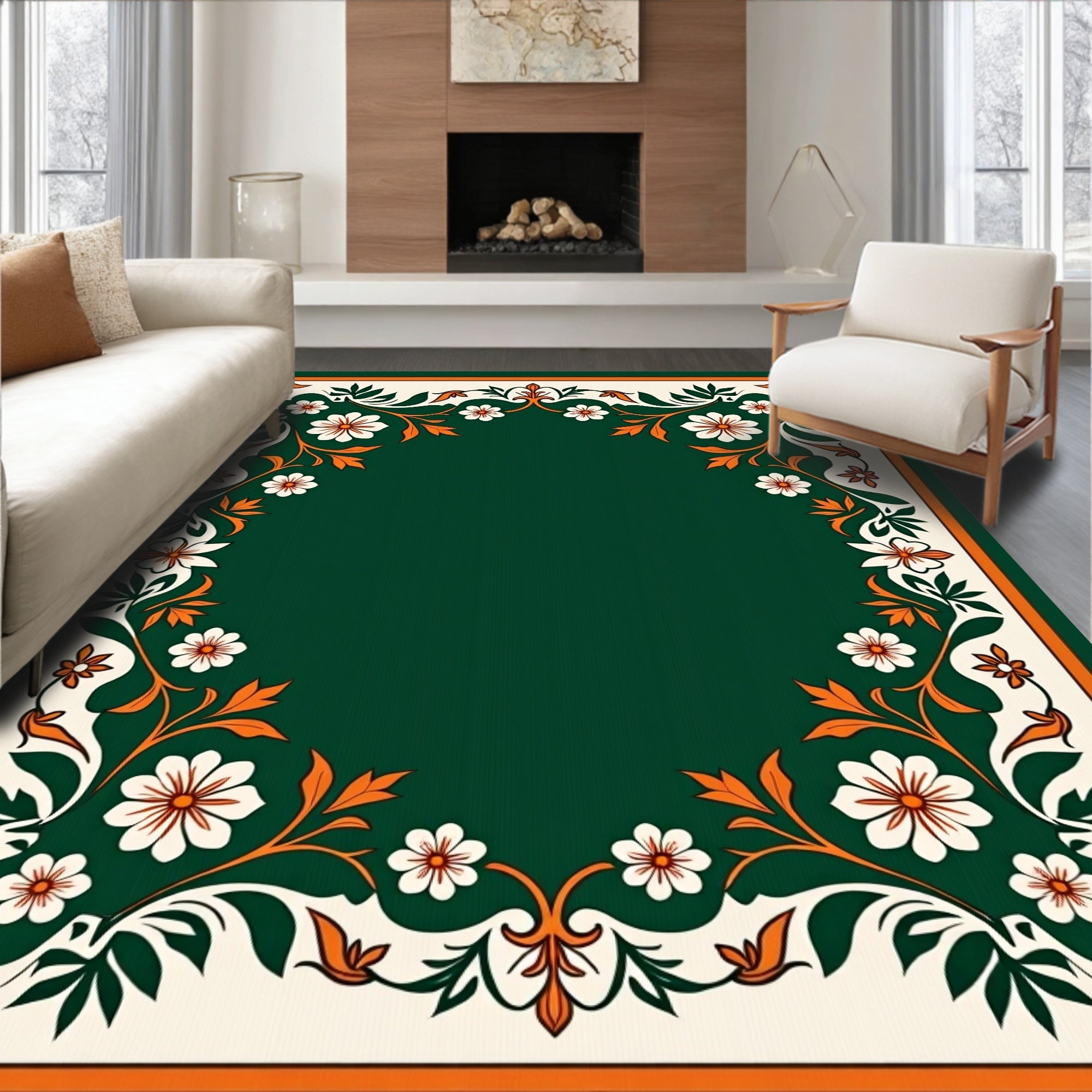Emerald Green Floral Vines Border Rug