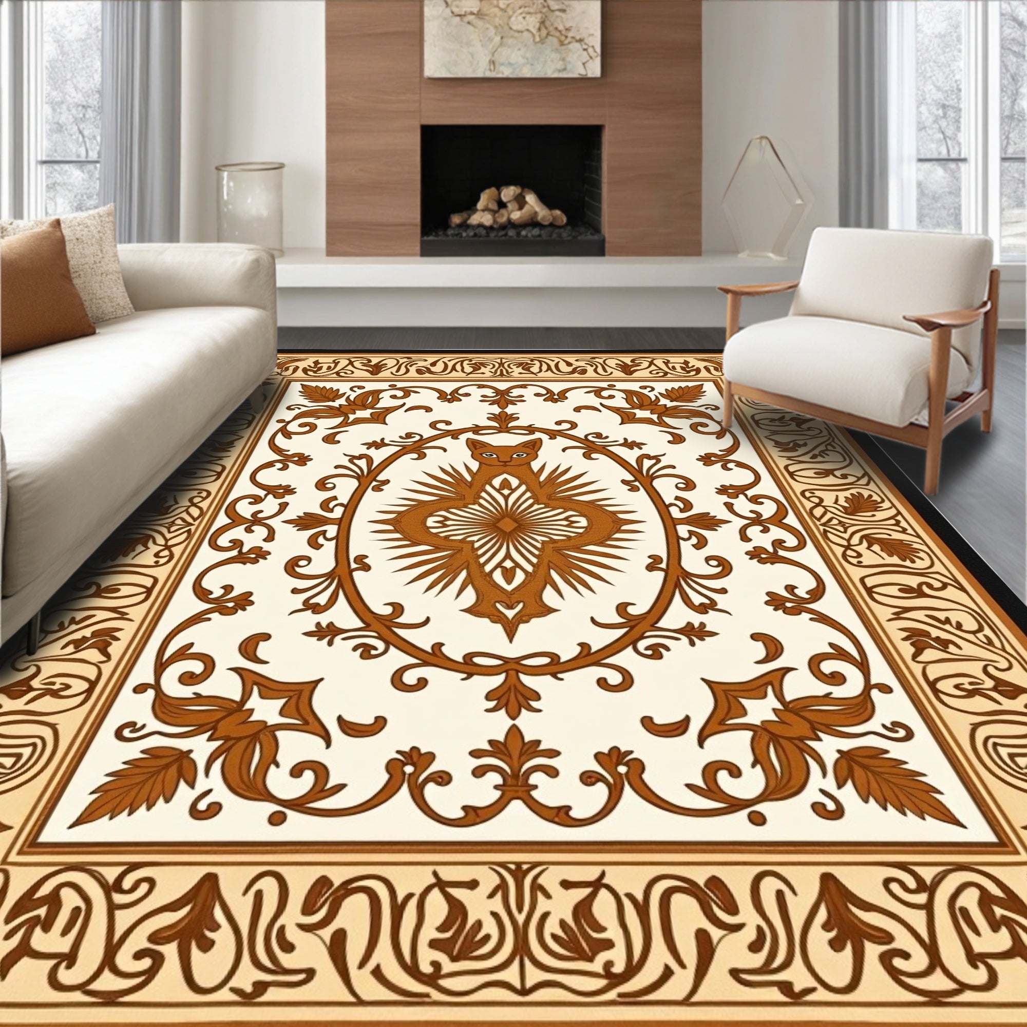 Earthy Brown Feline Medallion Floral Rug