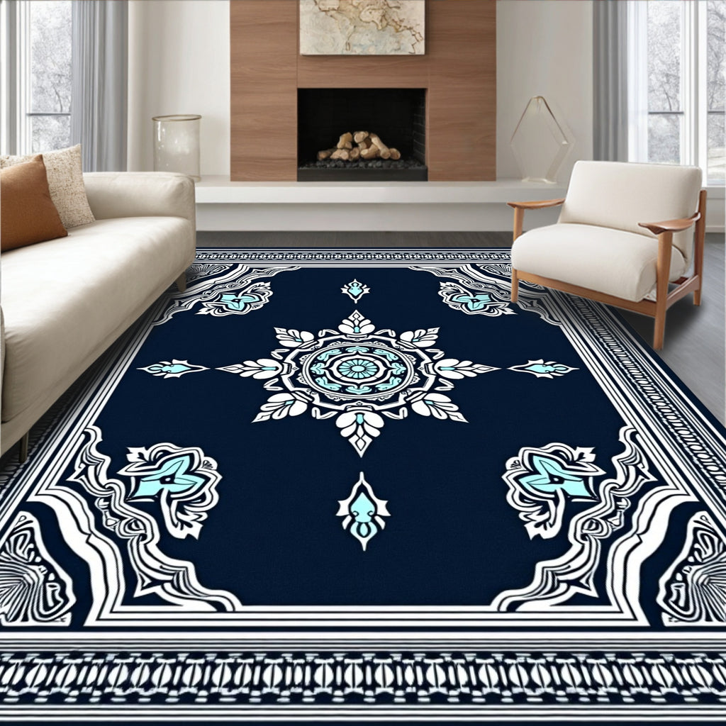 Navy Blue White Cyan Floral Medallion Rug