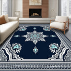 Navy Blue White Cyan Floral Medallion Rug