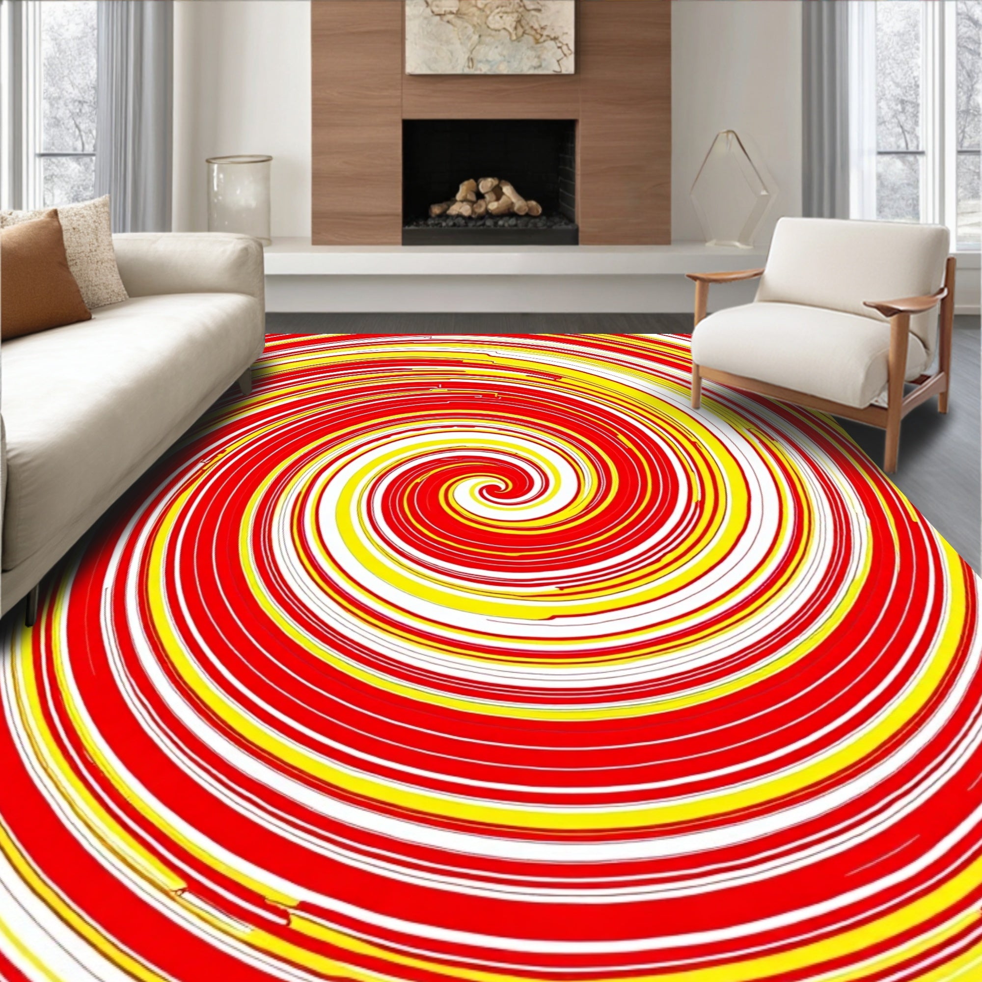 Vibrant Red Yellow Swirl Vortex Rug