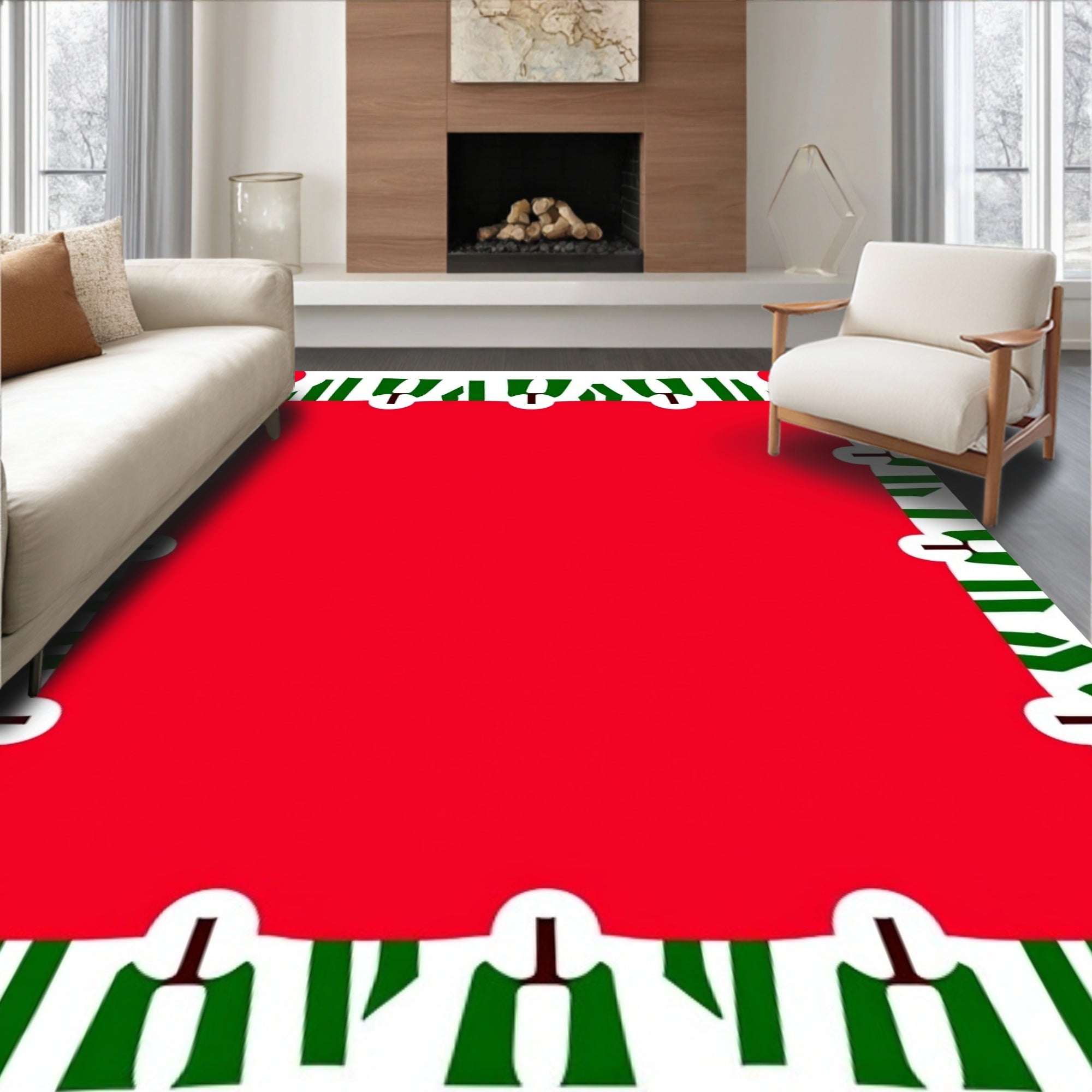 Bold Red Green White Striped Geometric Rug
