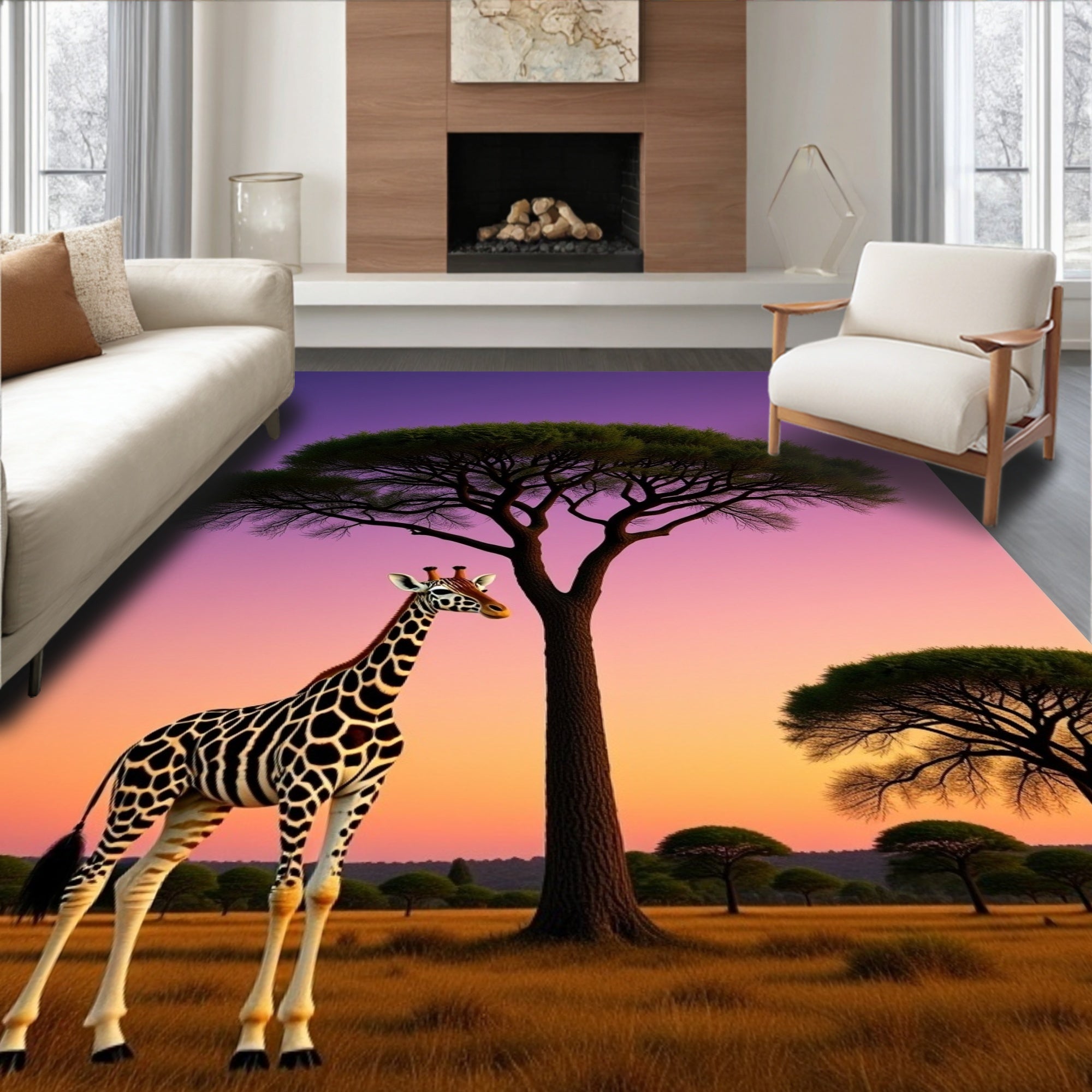 Giraffe Sunset Savannah Acacia Rug