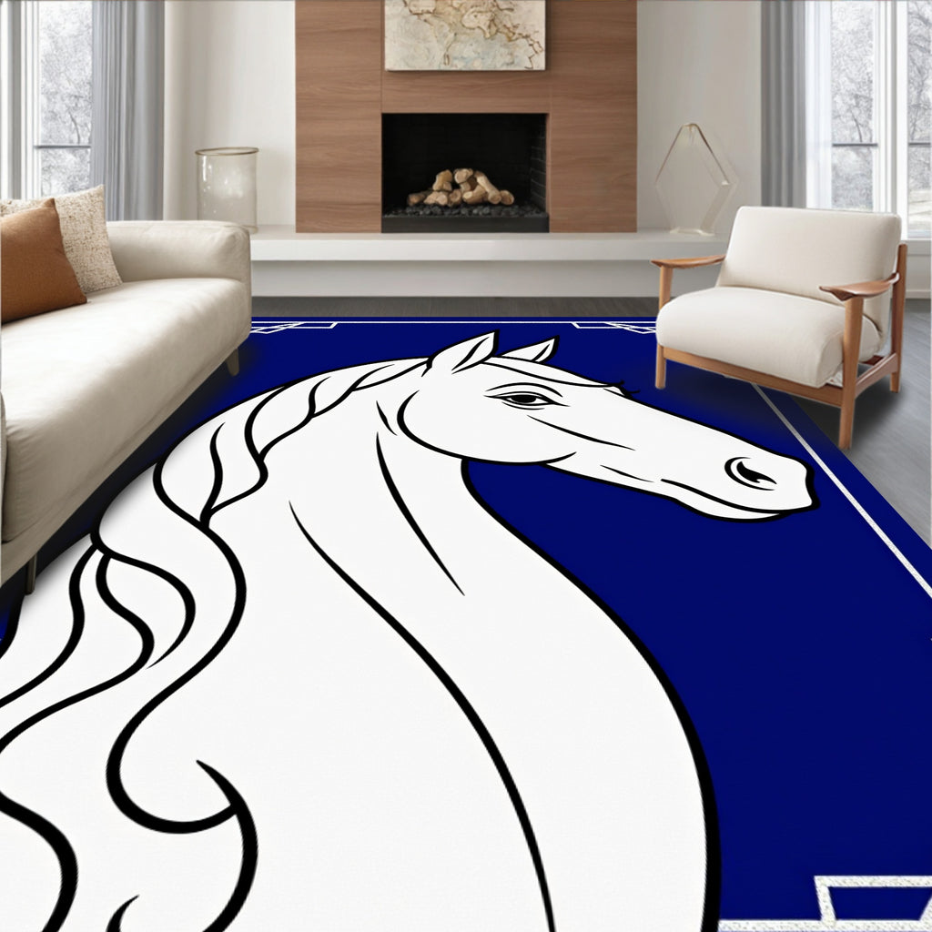 Majestic White Horse Blue Art Deco Rug