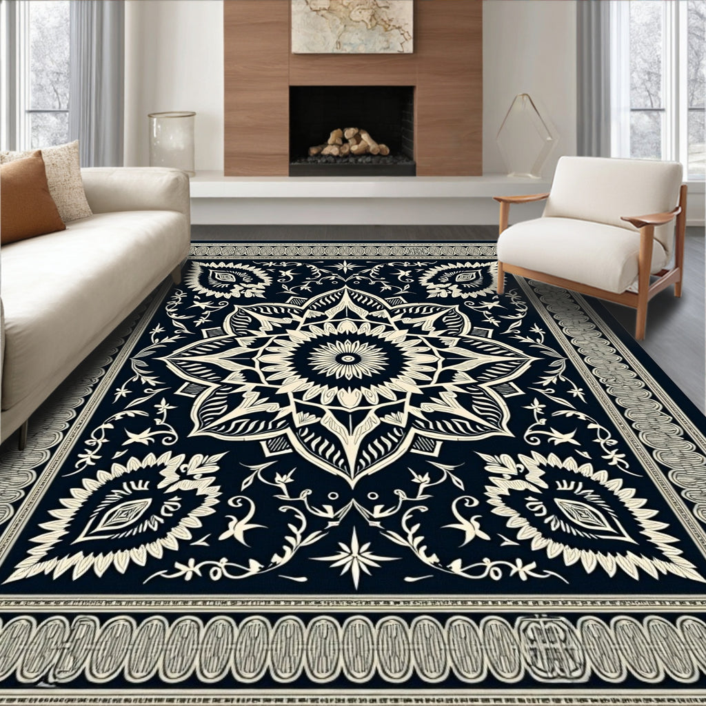 Dark Blue Cream Floral Medallion Border Rug