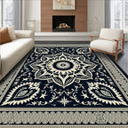 Dark Blue Cream Floral Medallion Border Rug